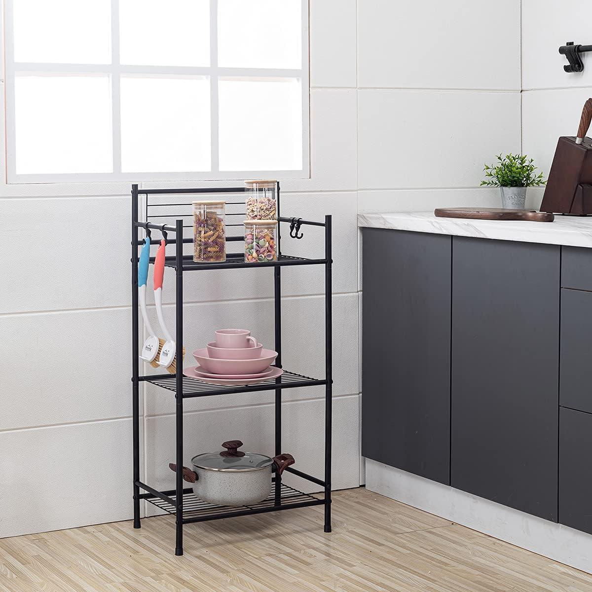 Black 3-Tier Metal Wire Shelving Unit with Hooks