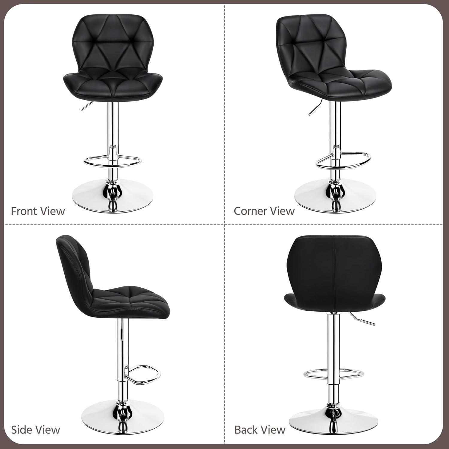Modern Black Faux Leather Adjustable Swivel Bar Stools, Set of 2