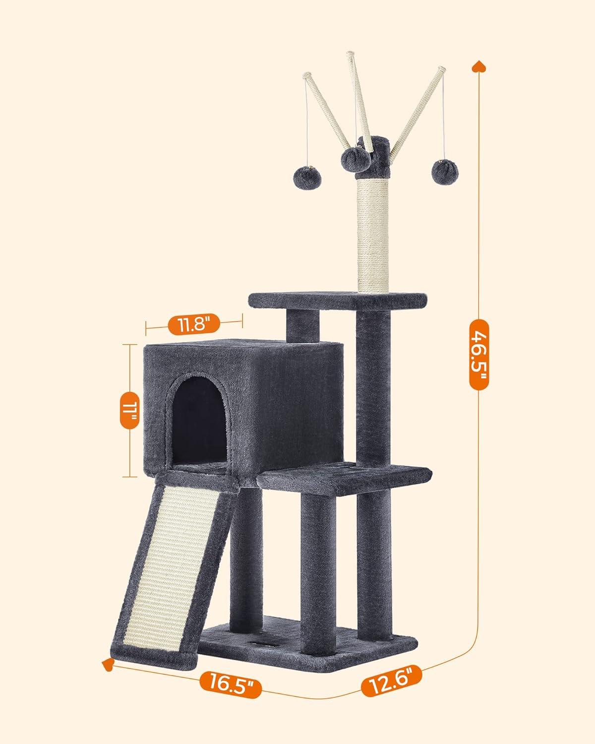 Smoky Gray Multi-Level Plush Cat Tree with Sisal Scratching Post