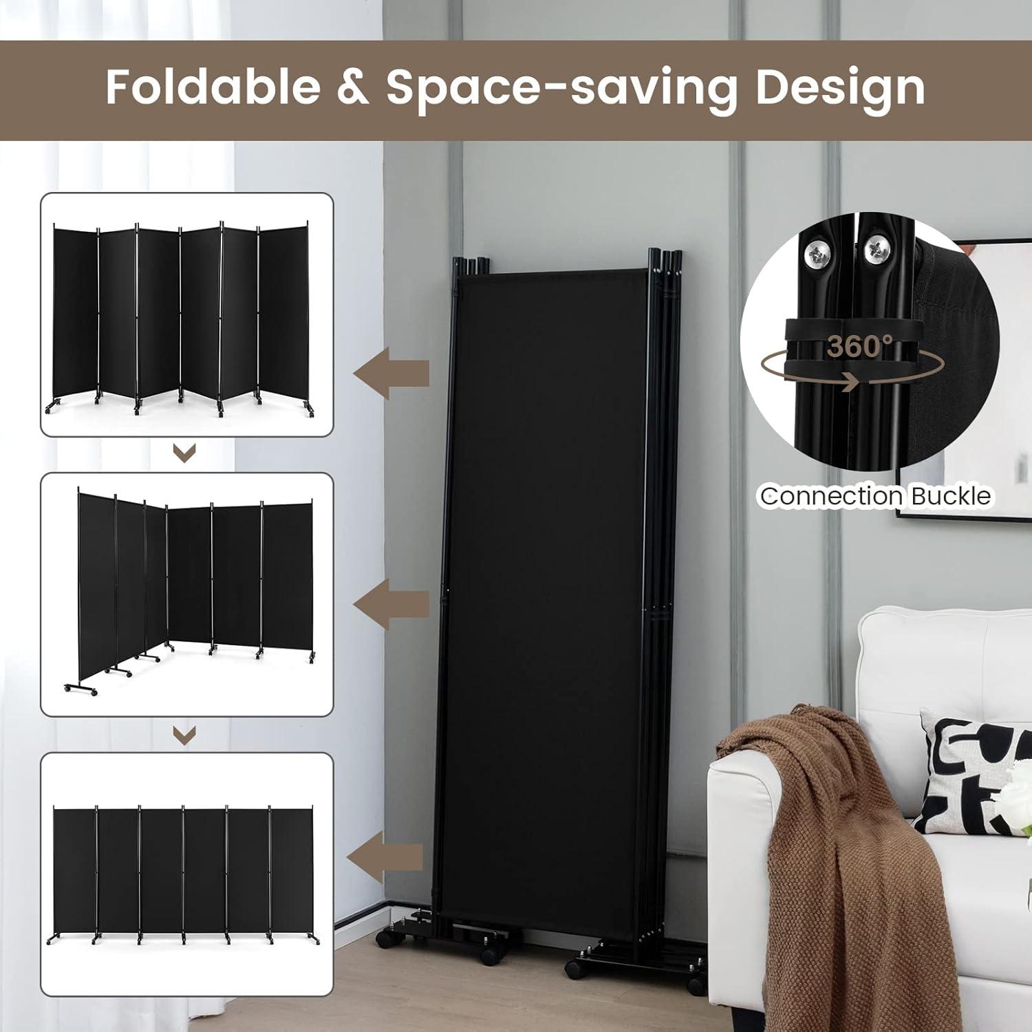 Costway 6-Panel Folding Room Divider 6FT Rolling Privacy Screen with Lockable Wheels Black