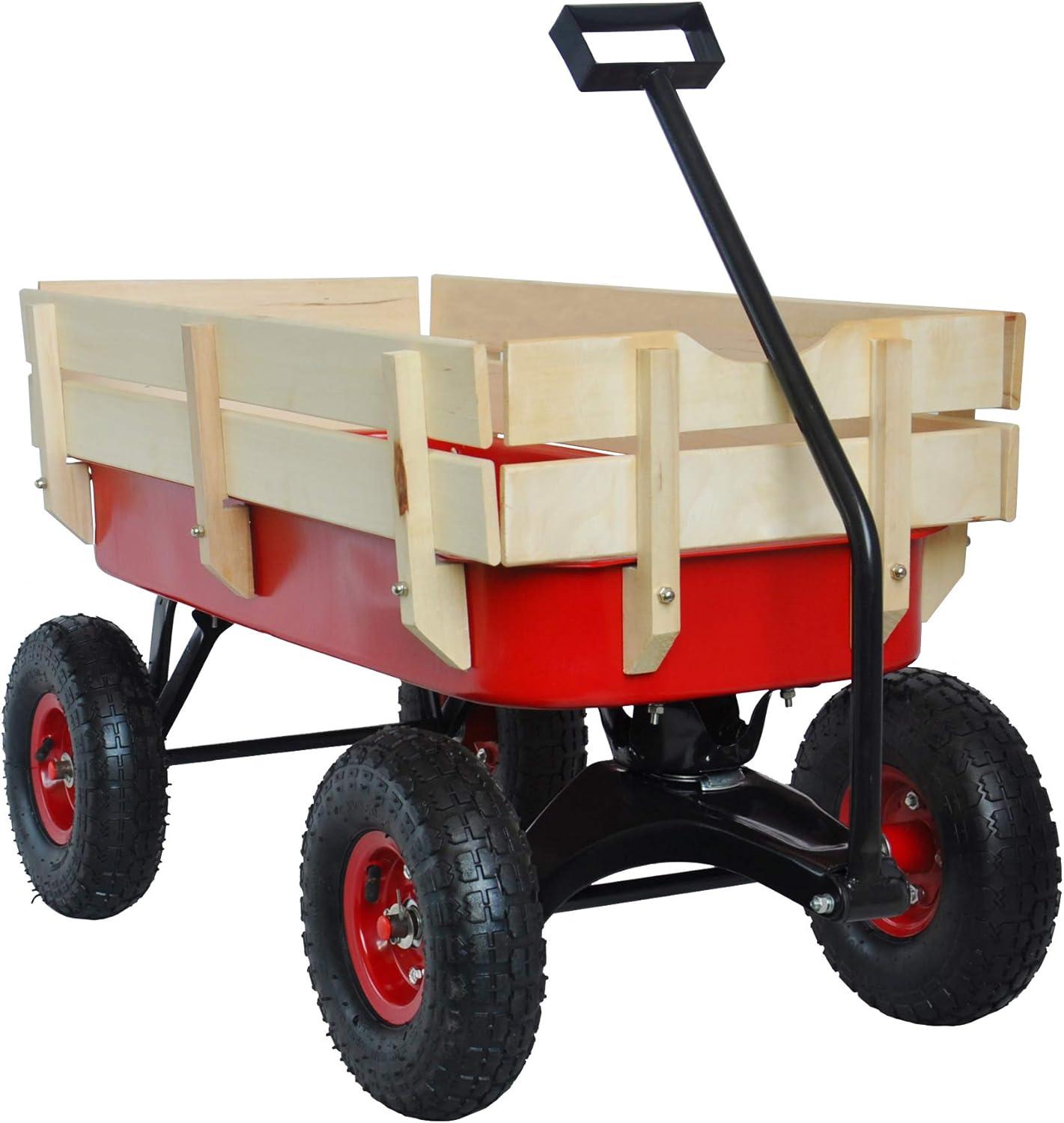 Red Iron Frame Outdoor Wagon with Wooden Panels