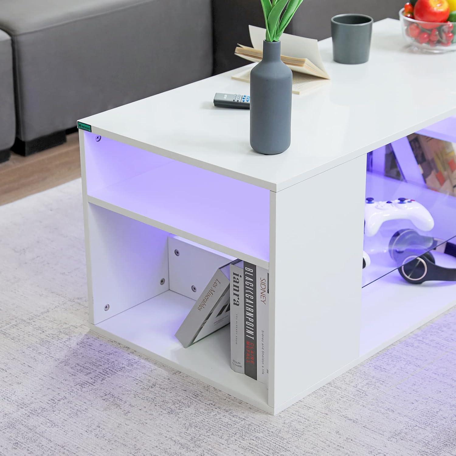 Hommpa White Coffee Table LED Coffee Table with Storage Modern Living Room Table Glass Open Shelves Rectangle Cocktail Center Tables High Gloss