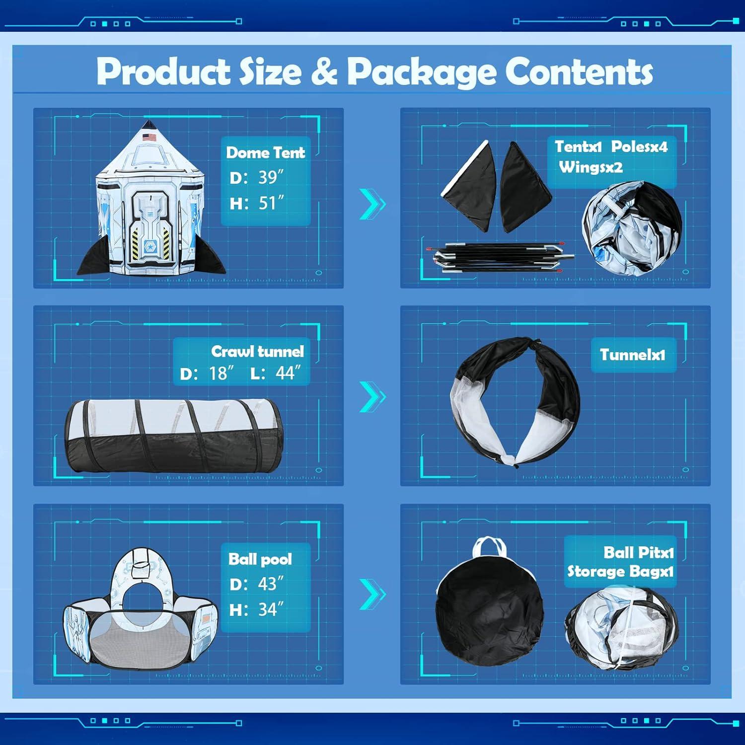 Rocket Ship Kids Play Tent: 3Pcs Toddlers Pop Up Ball Pit and Play Tunnel for Indoor Outdoor, Spaceship Baby Playhouse Toys for 1-3 Year Old Boys Girls (3 in 1 Kids Tent)