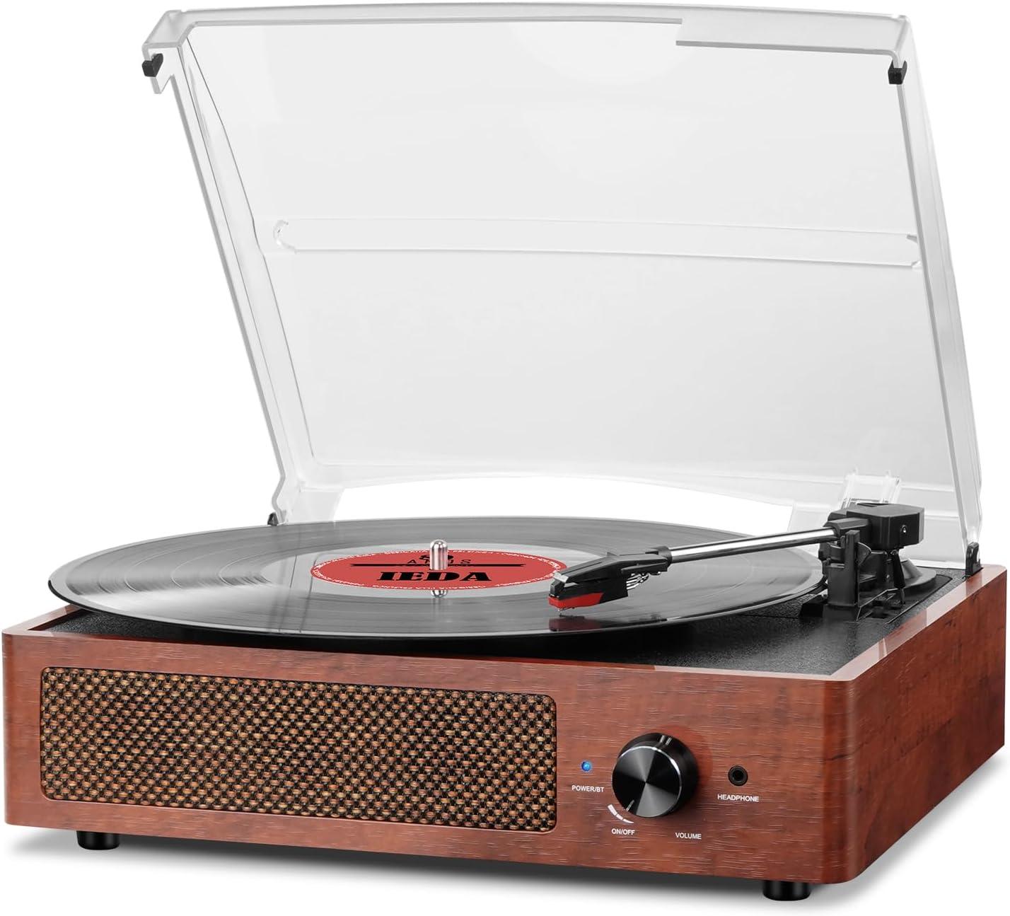 Record Players Vintage Turntable for Vinyl Records with Speakers Belt-Driven Turntables Support 3-Speed, Bluetooth Wireless Playback, Headphone, AUX-in, RCA Line LP Vinyl Players