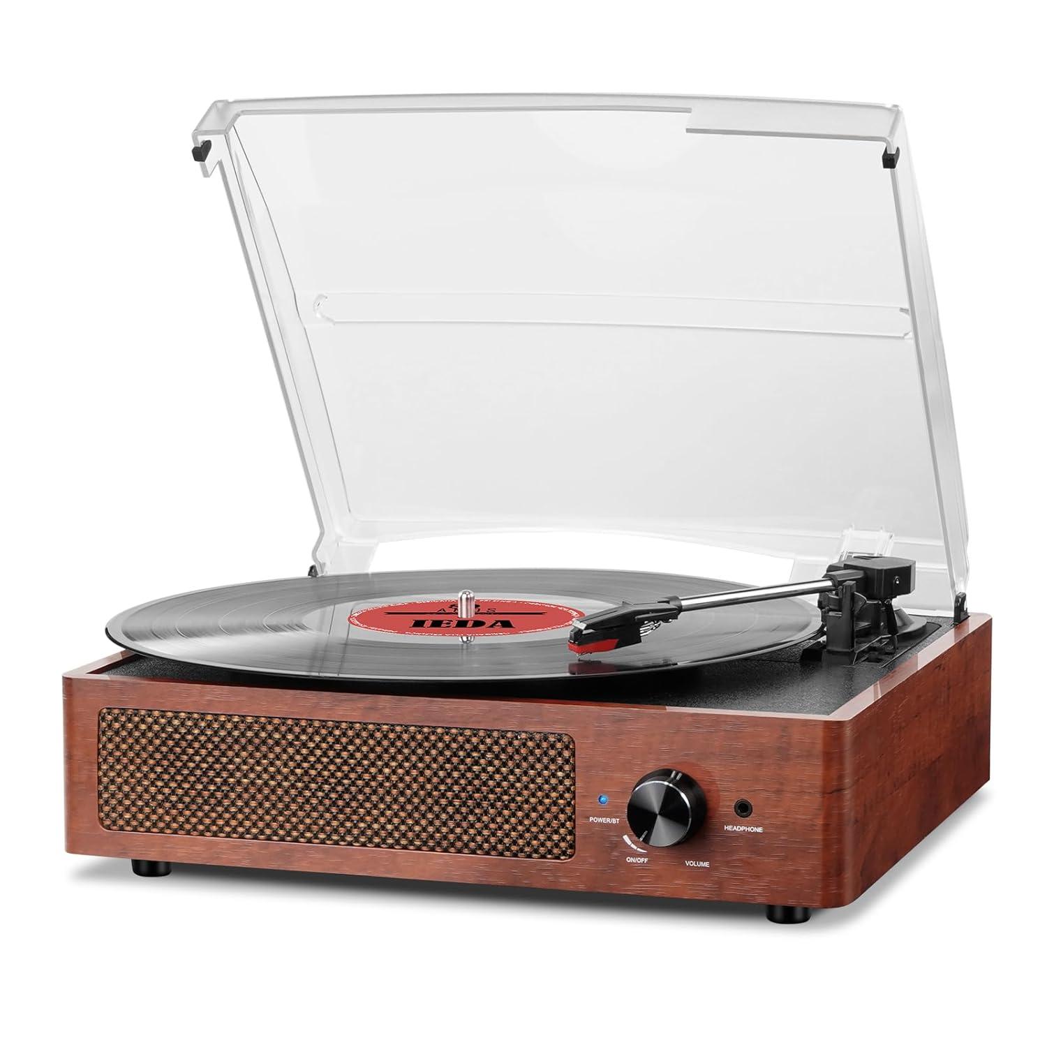 Record Players Vintage Turntable for Vinyl Records with Speakers Belt-Driven Turntables Support 3-Speed, Bluetooth Wireless Playback, Headphone, AUX-in, RCA Line LP Vinyl Players