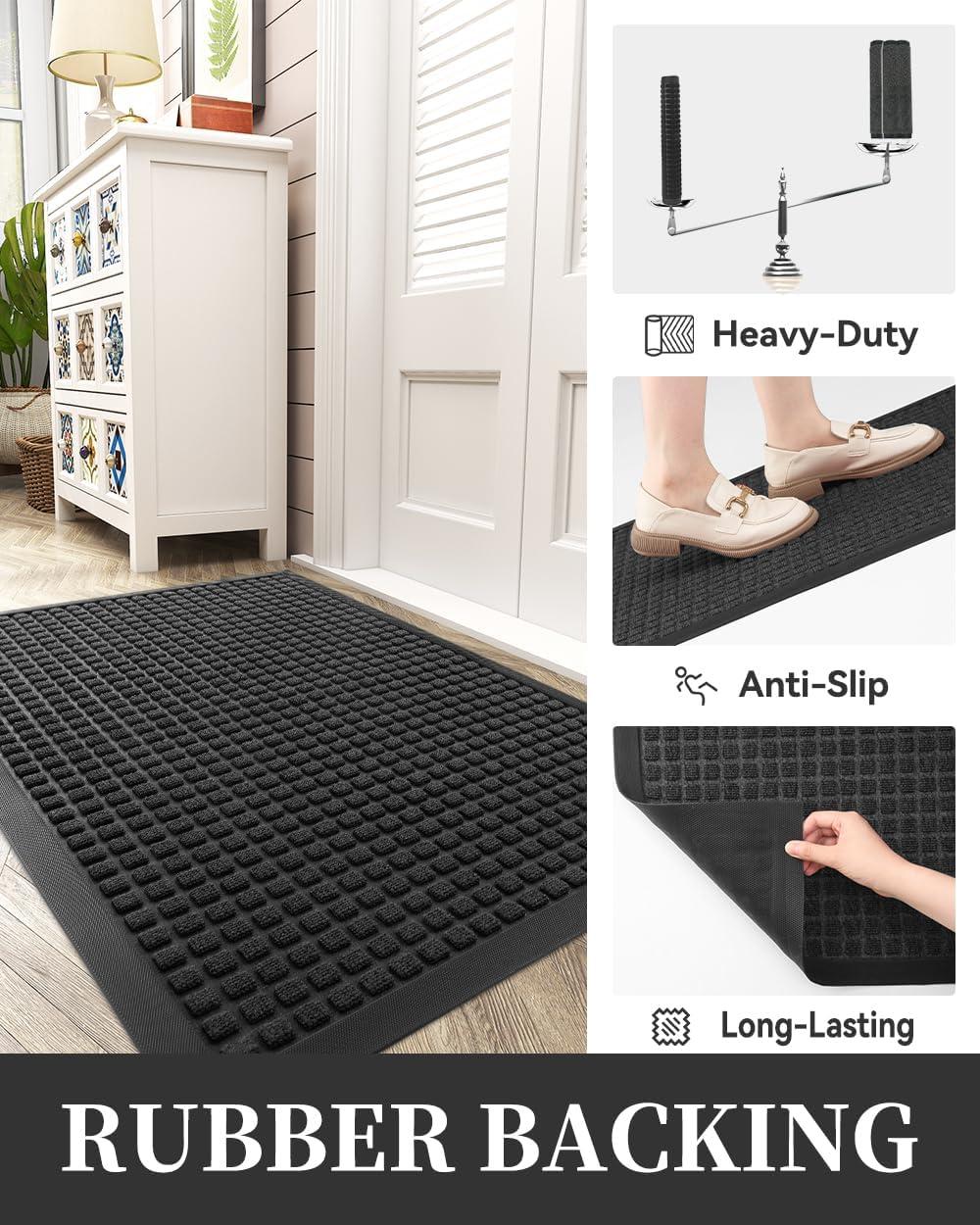 MontVoo-Front Door Mat Outside Entrance Doormat-Outdoor Indoor Door Mat for Entryway-Welcome Mat Thick Durable Rubber Backed Door Entry Mat Non Slip Dirt Trapper Absorbent-Black 17”x30”