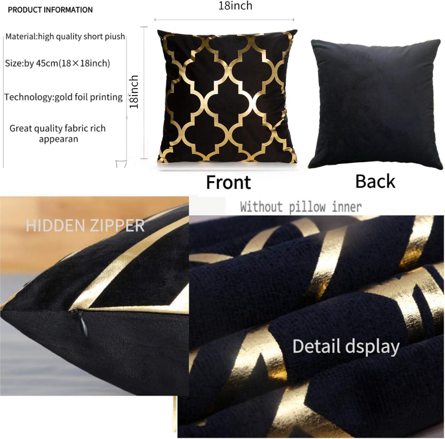 Efavormart Set Of 4 | 18" Black/Gold Foil Geometric Print Throw Pillow Covers, Velvet Square Sofa Cushion Covers