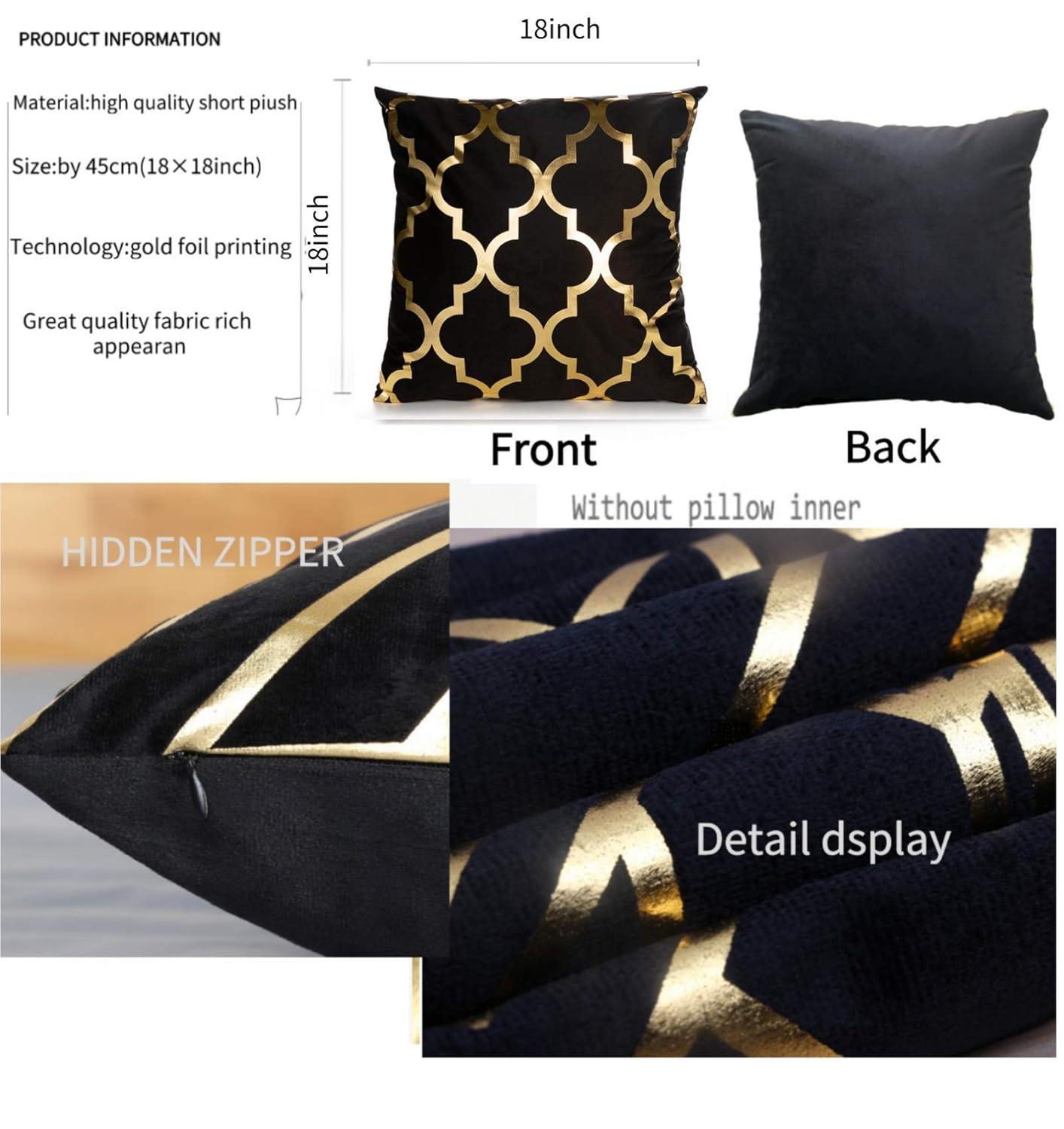Efavormart Set Of 4 | 18" Black/Gold Foil Geometric Print Throw Pillow Covers, Velvet Square Sofa Cushion Covers