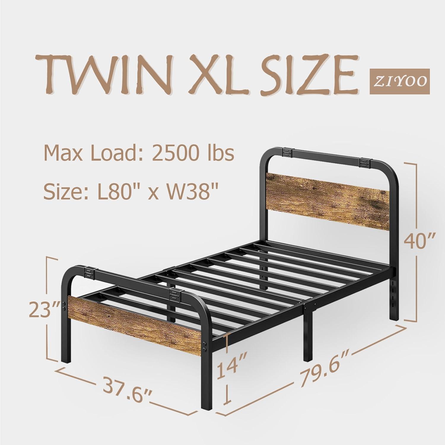 ZIYOO Industrial Style Metal Twin XL Bed Frame with Rustic Wood Headboard and Footboard, 14 Inch High Heay Duty Steel Slats Support No Box Spring Needed，Easy Assembly Structure