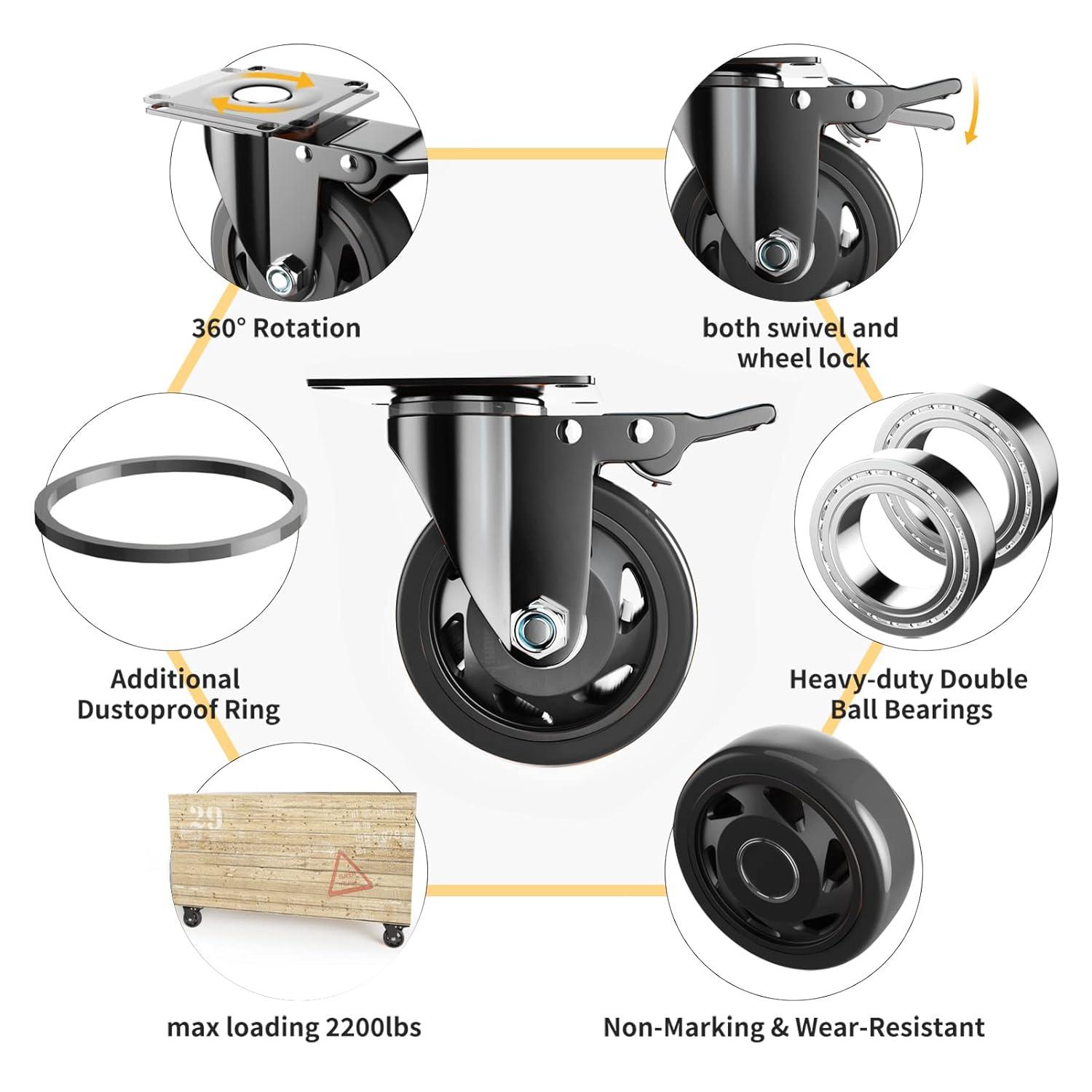 4-Inch Black Polyurethane Heavy Duty Caster Wheels Set