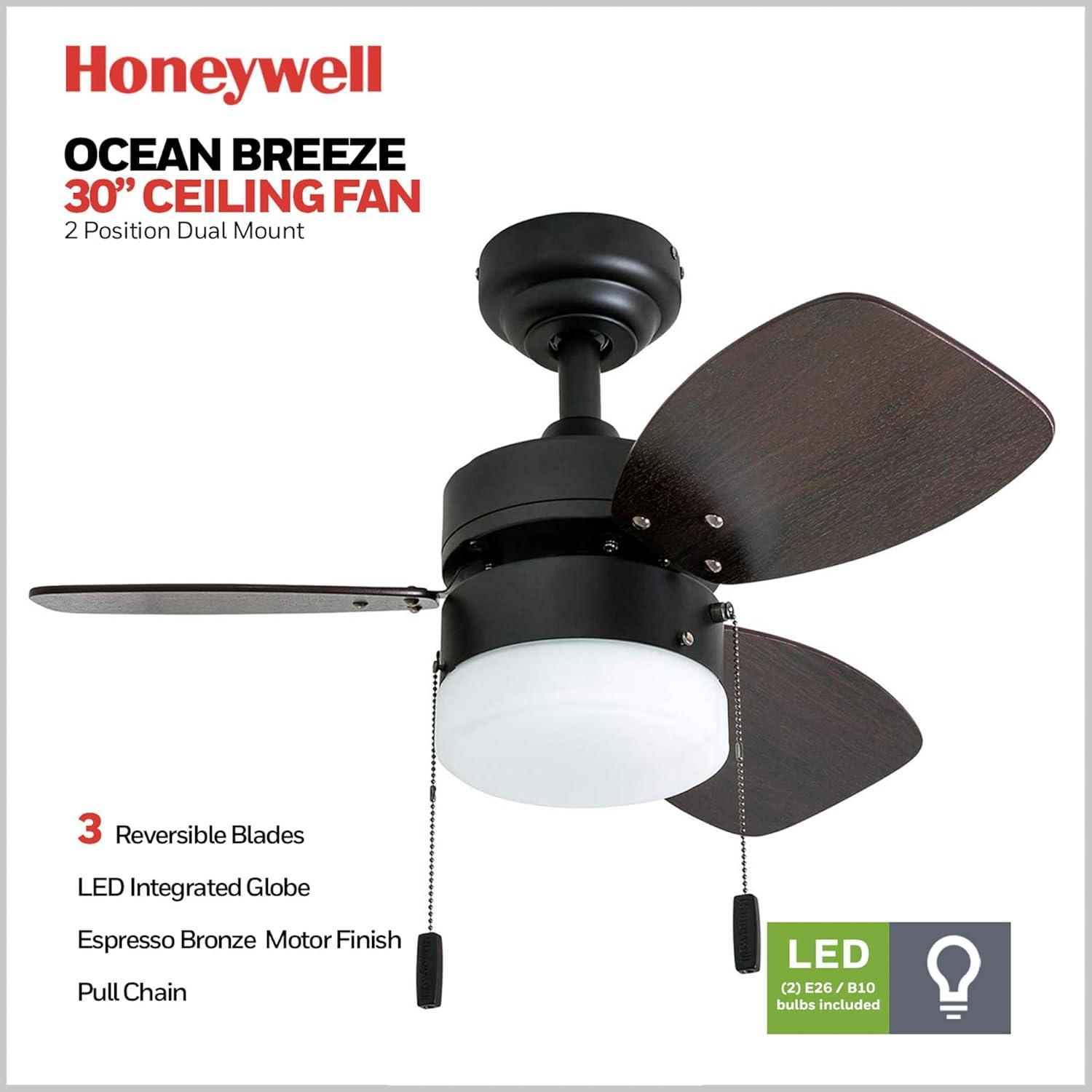 Ocean Breeze 30" 3 Blades LED Ceiling Fan with Light Kit Included