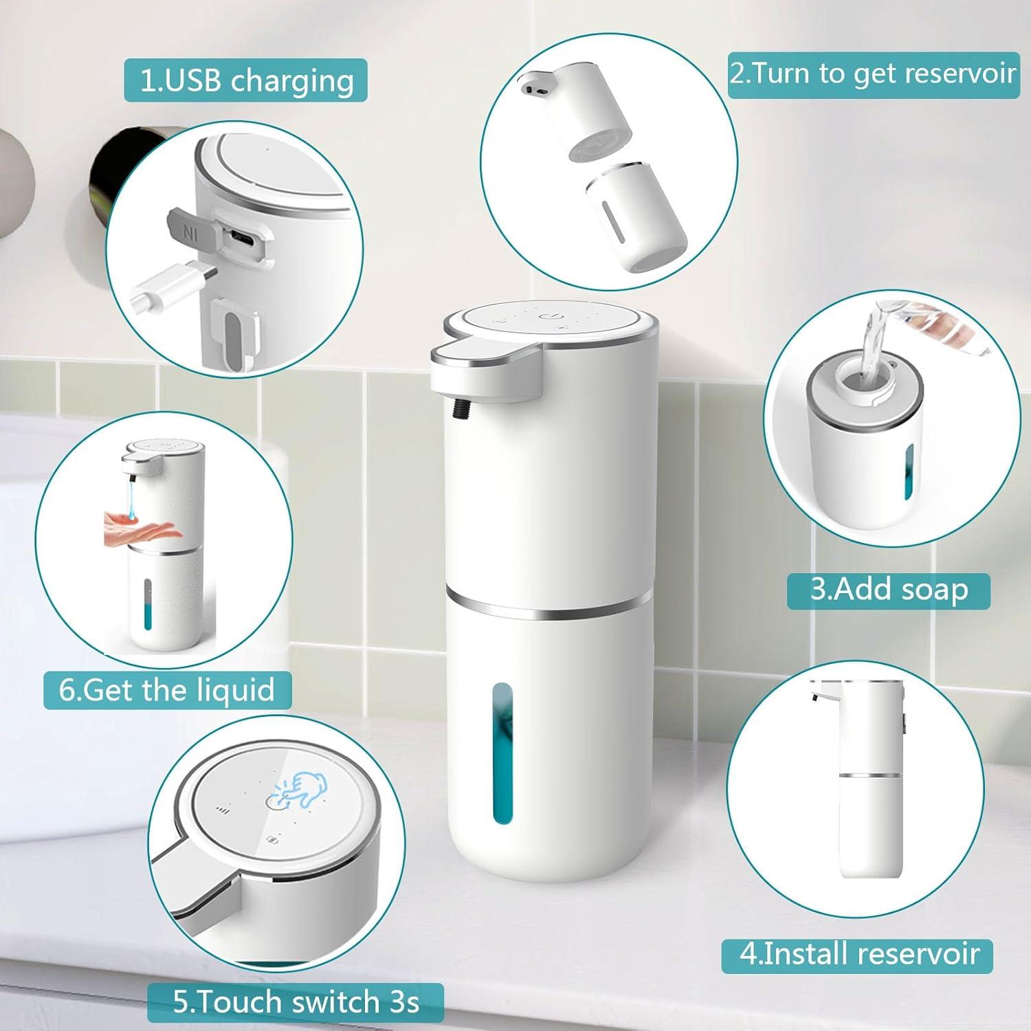 Automatic Foaming Soap Dispenser, Rechargeable, 400ml Touchless Soap Dispenser, Wall-Mounted, Waterproof Hands Free Infrared Motion Sensor Countertop, Auto Foam, Soap Pump (P11), White
