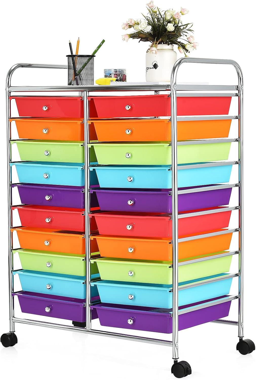 20-Drawer Organizer Cart Tools, Mobile Utility Storage Cart with Detachable Drawers & Lockable Wheels, Rolling Storage Cart with wheels for Home Office School(Multicolor)