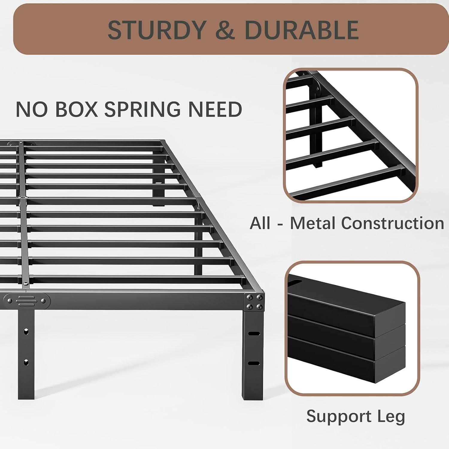 Twin Metal Bed Frame - 16 Inch Tall, No Box Spring Needed, Heavy Duty Platform With Storage Space, Sturdy Non-Slip Noiseless