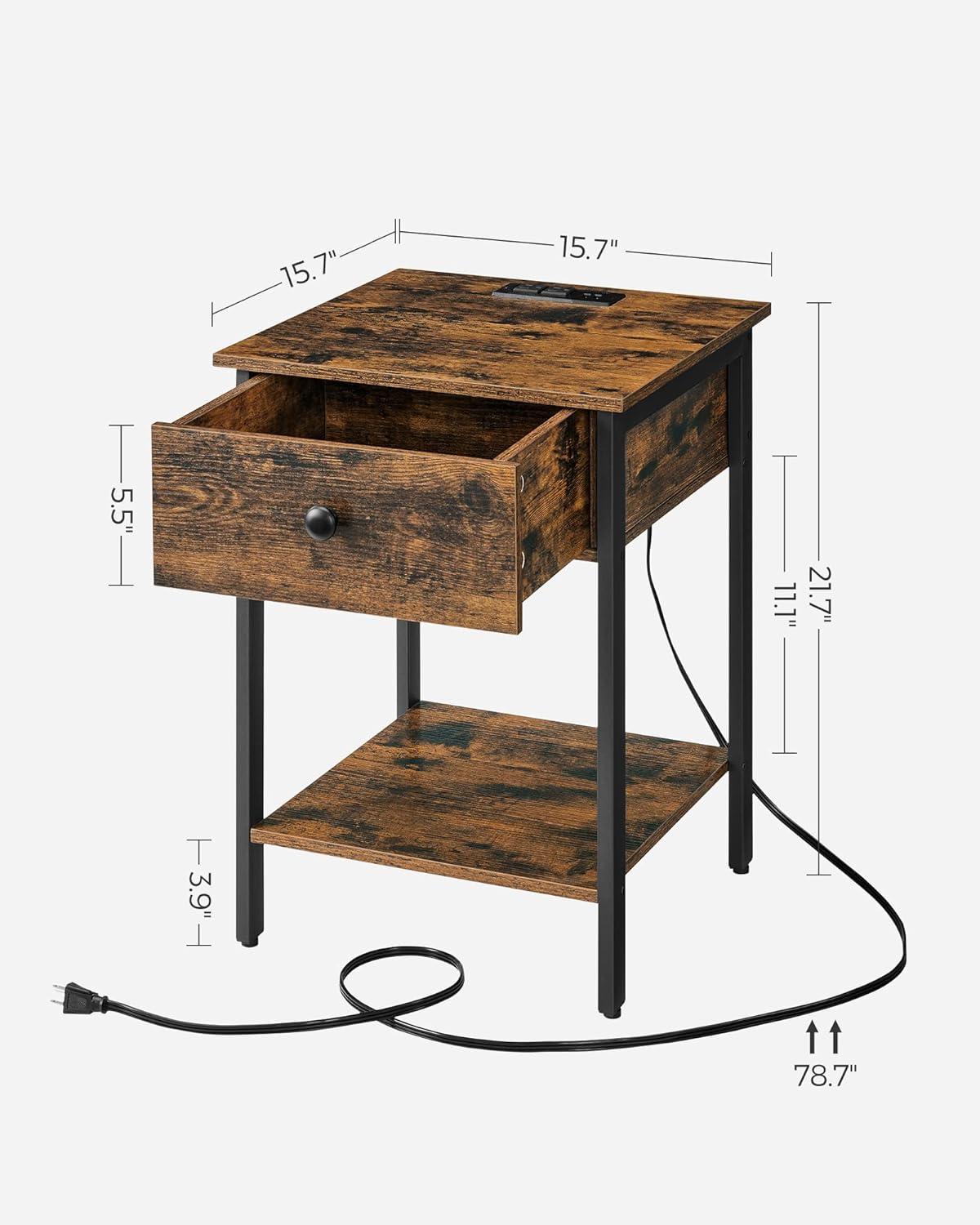 VASAGLE Nightstand with Charging Station, Side Table with Drawer and Open Shelf, End Table, for Bedroom, Easy Assembly, Industrial, Plug-in Series, Rustic Brown and Black ULET513B01