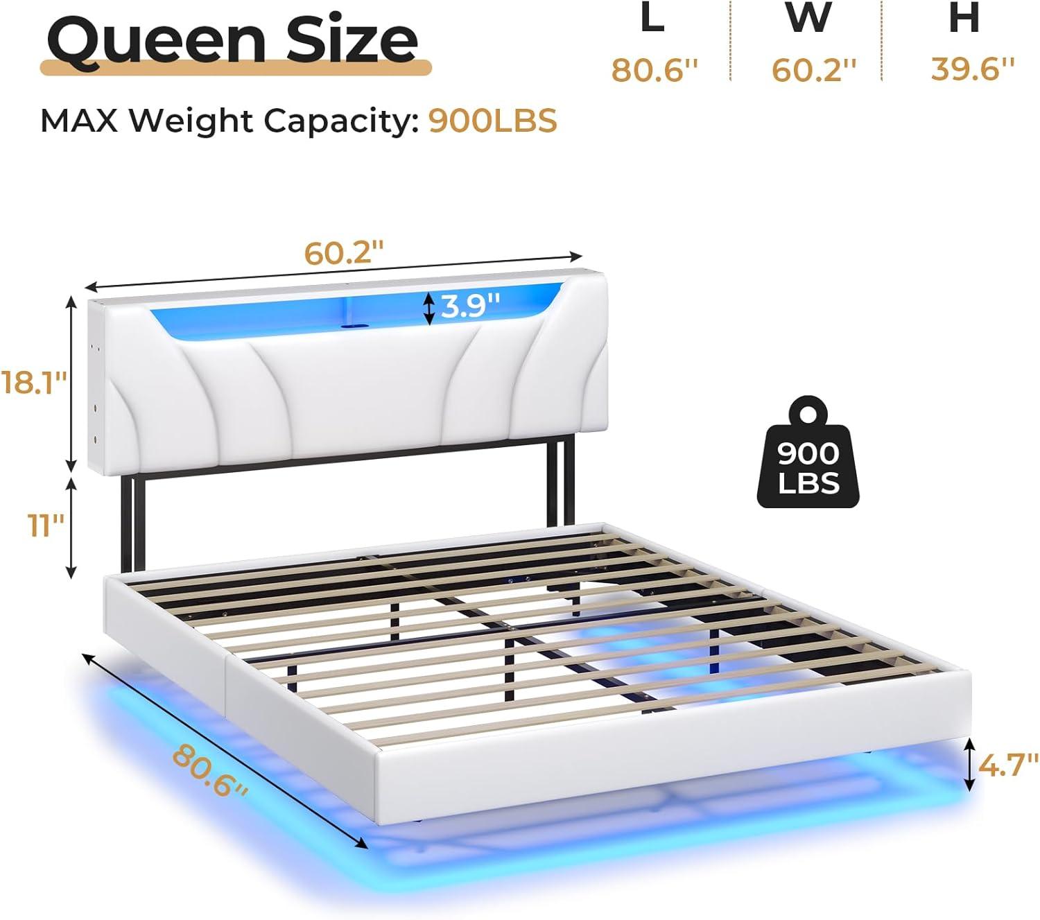 Queen Size Floating Bed Frame with Led Lights&Charging Stations, Faux Leather Upholstered Platform Bed with Storage Headboard, No Box Spring Needed, White