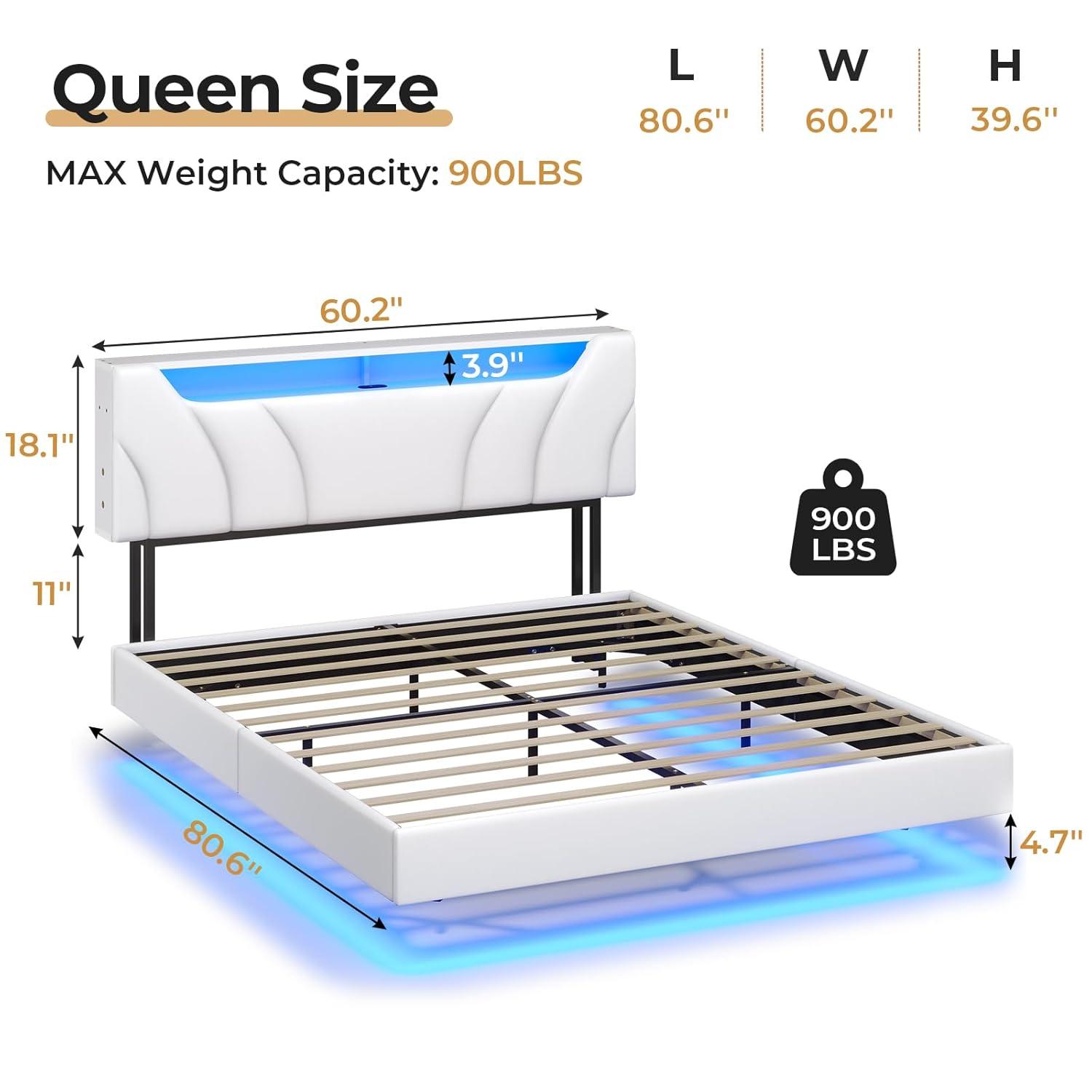 Queen Size Floating Bed Frame with Led Lights&Charging Stations, Faux Leather Upholstered Platform Bed with Storage Headboard, No Box Spring Needed, White