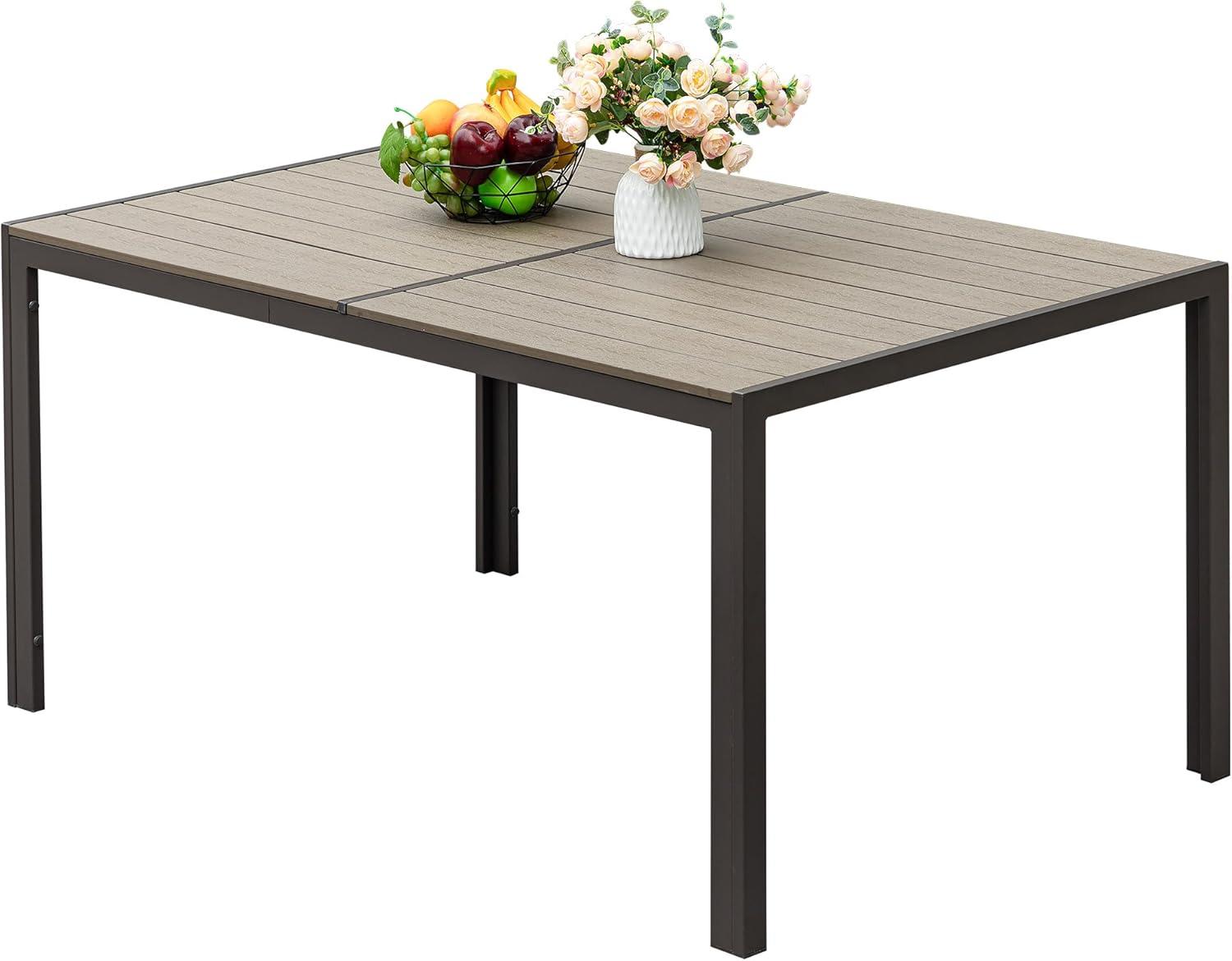 Rectangular Beige and Gray Outdoor Dining Table with Metal Frame