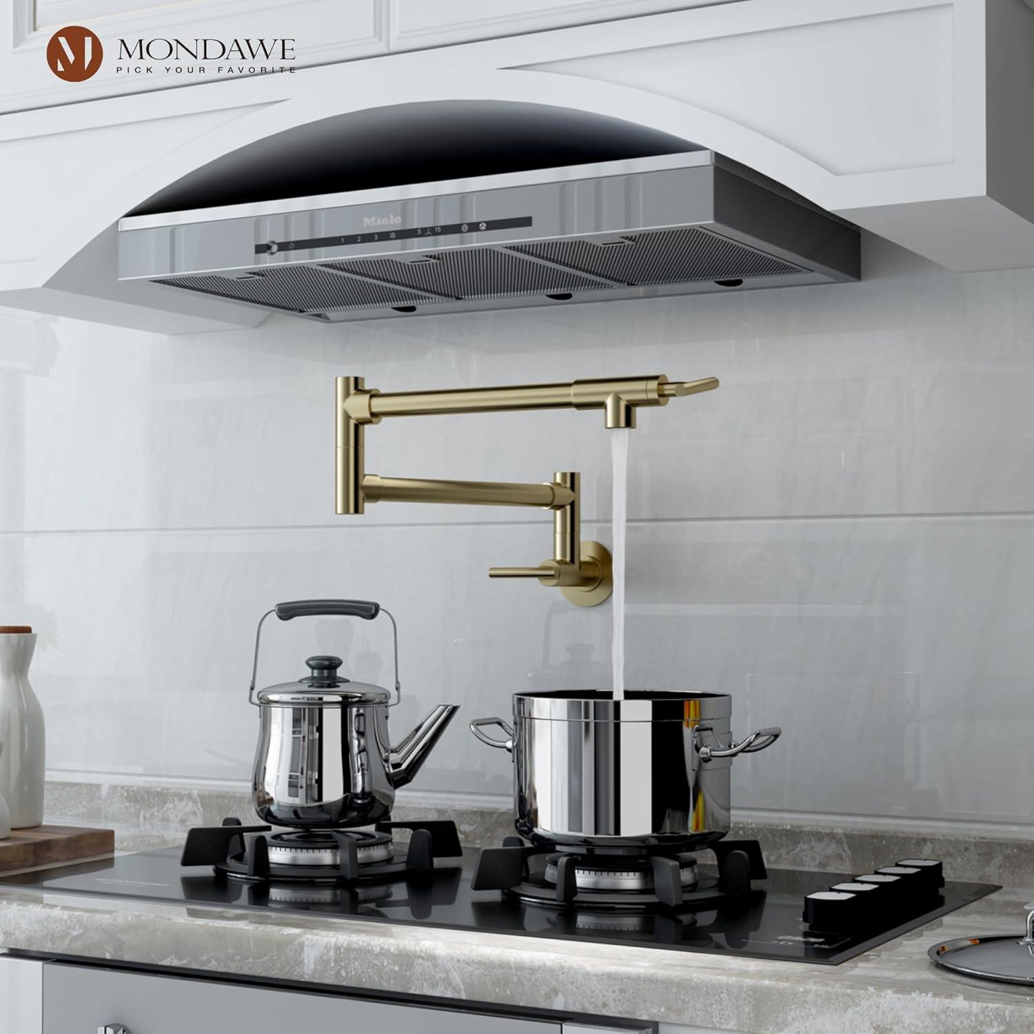 Pot Filler Faucet Wall Mount Kitchen Sink Faucet Stove Pot Filling Faucet with Double Joint Swing Arms Folding Faucet, Solid Brass Material, Lead-Free, Single Hole, Brushed Gold