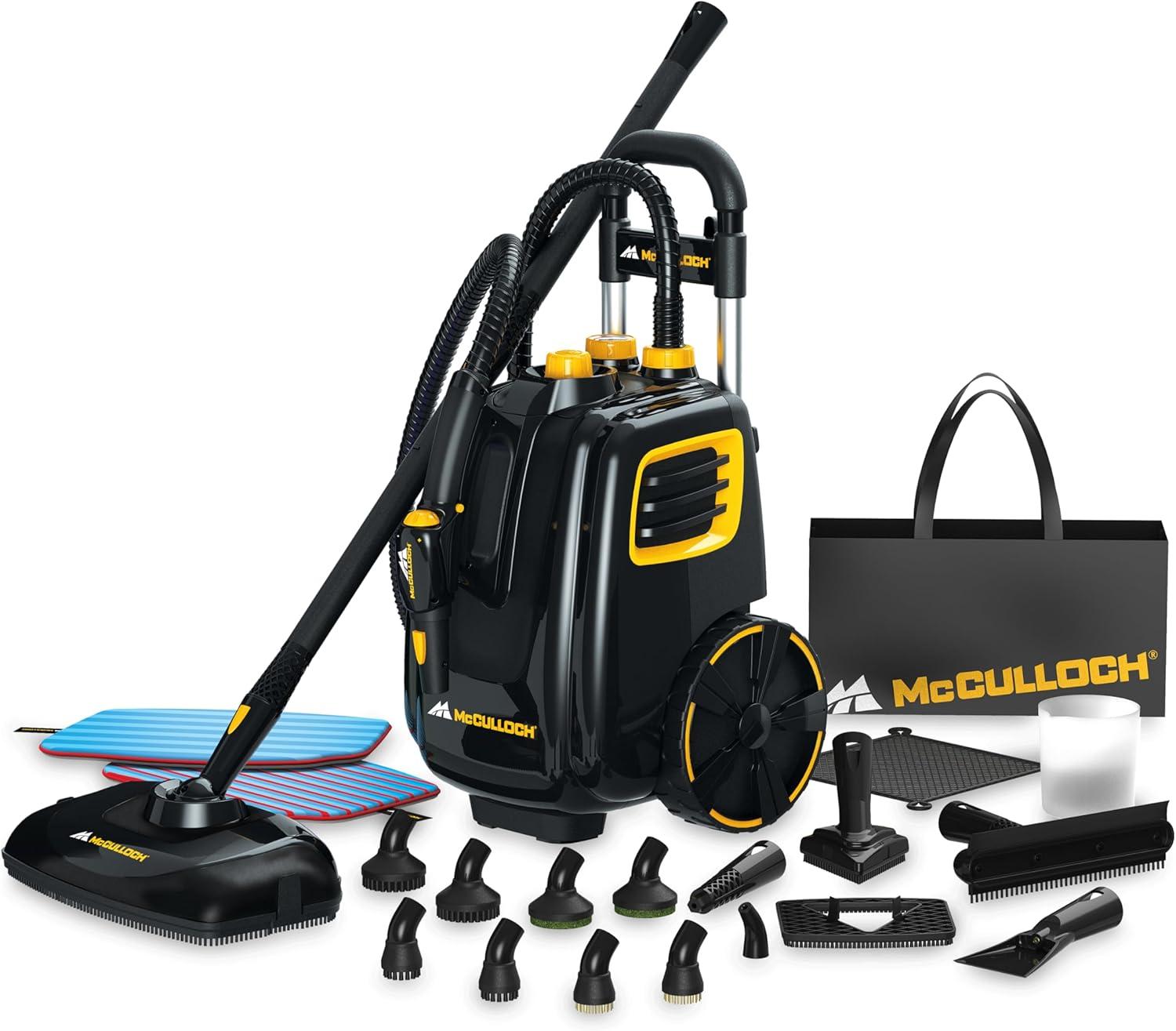 McCulloch MC1385 Deluxe Canister Steam Cleaner, 2-Hour Runtime, Chemical-Free, 23 Accessories: Mop Head, Brushes & More