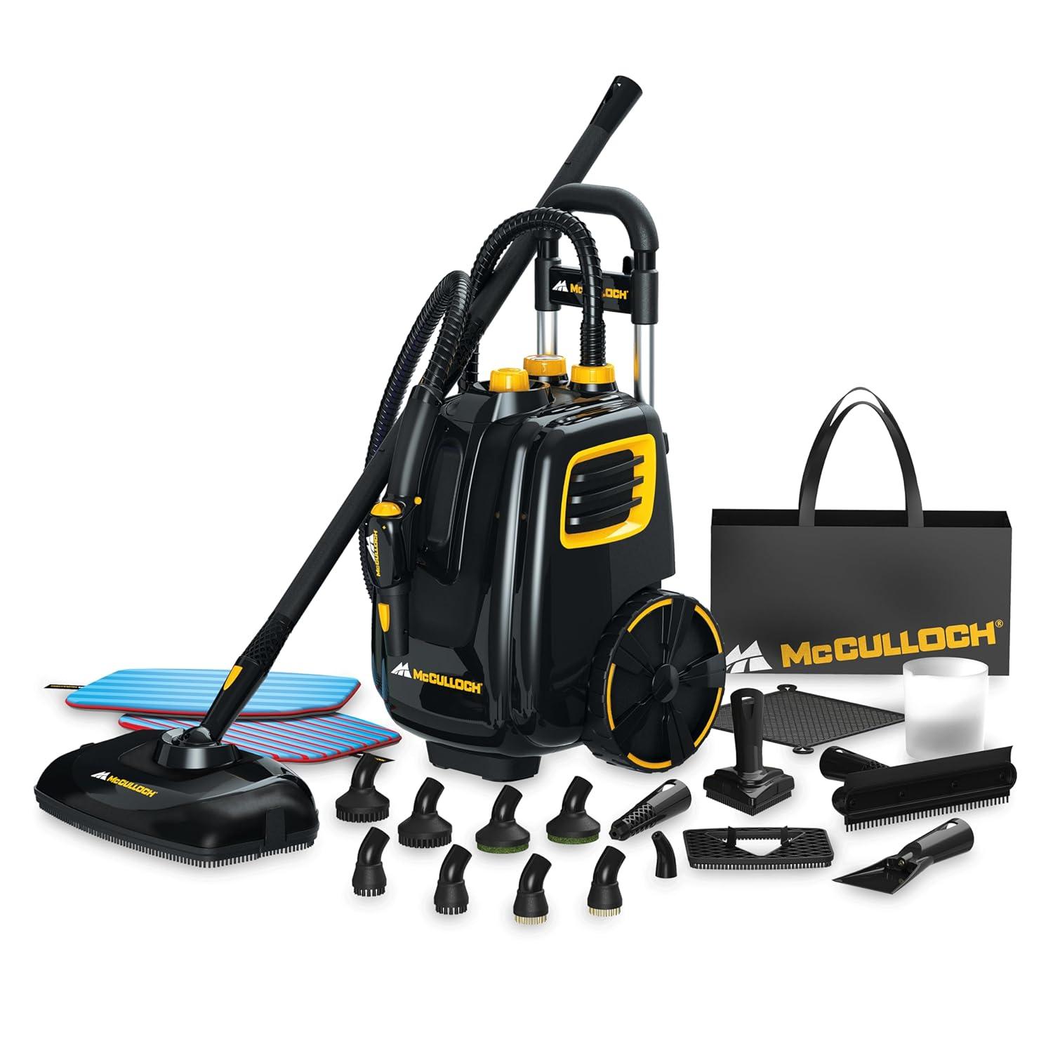 McCulloch MC1385 Deluxe Canister Steam Cleaner, 2-Hour Runtime, Chemical-Free, 23 Accessories: Mop Head, Brushes & More