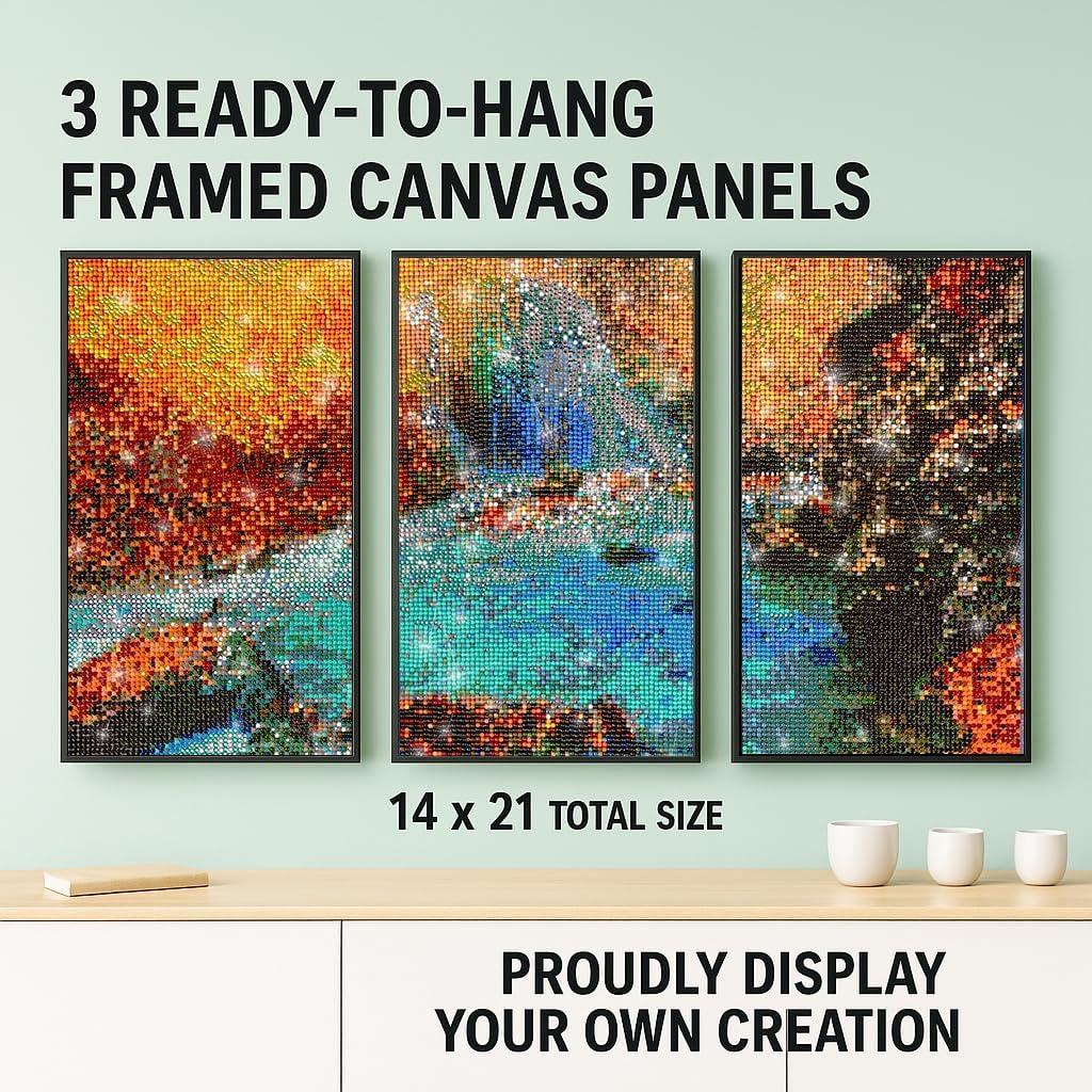ArtSkills Diamond Painting Kit, Diamond Art Ready to Hang Framed Canvas with Storage and Accessory Kit, Waterfall, 3 Stretched Canvas Panels, 14” x 7” Each