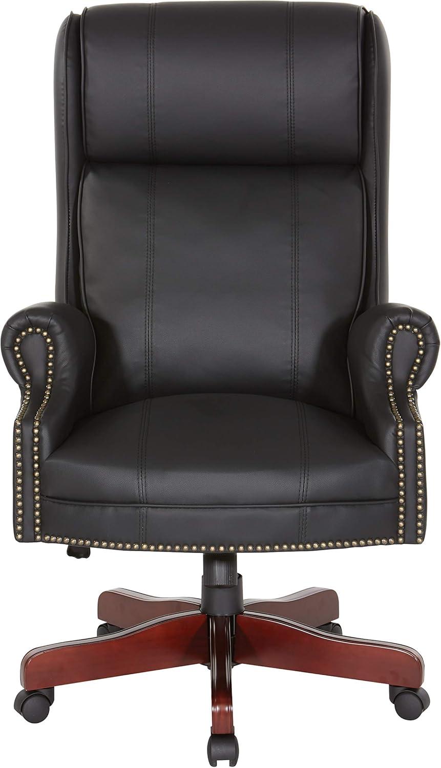 Traditional High Back Executive Chair in Black Leather with Brass Accents