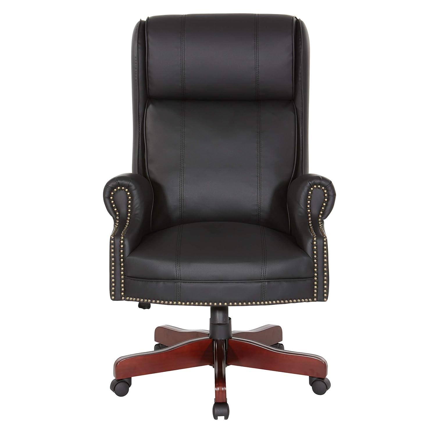 Executive High Back Chair with Black Vinyl and Brass Finish Nail Trim Upholstery