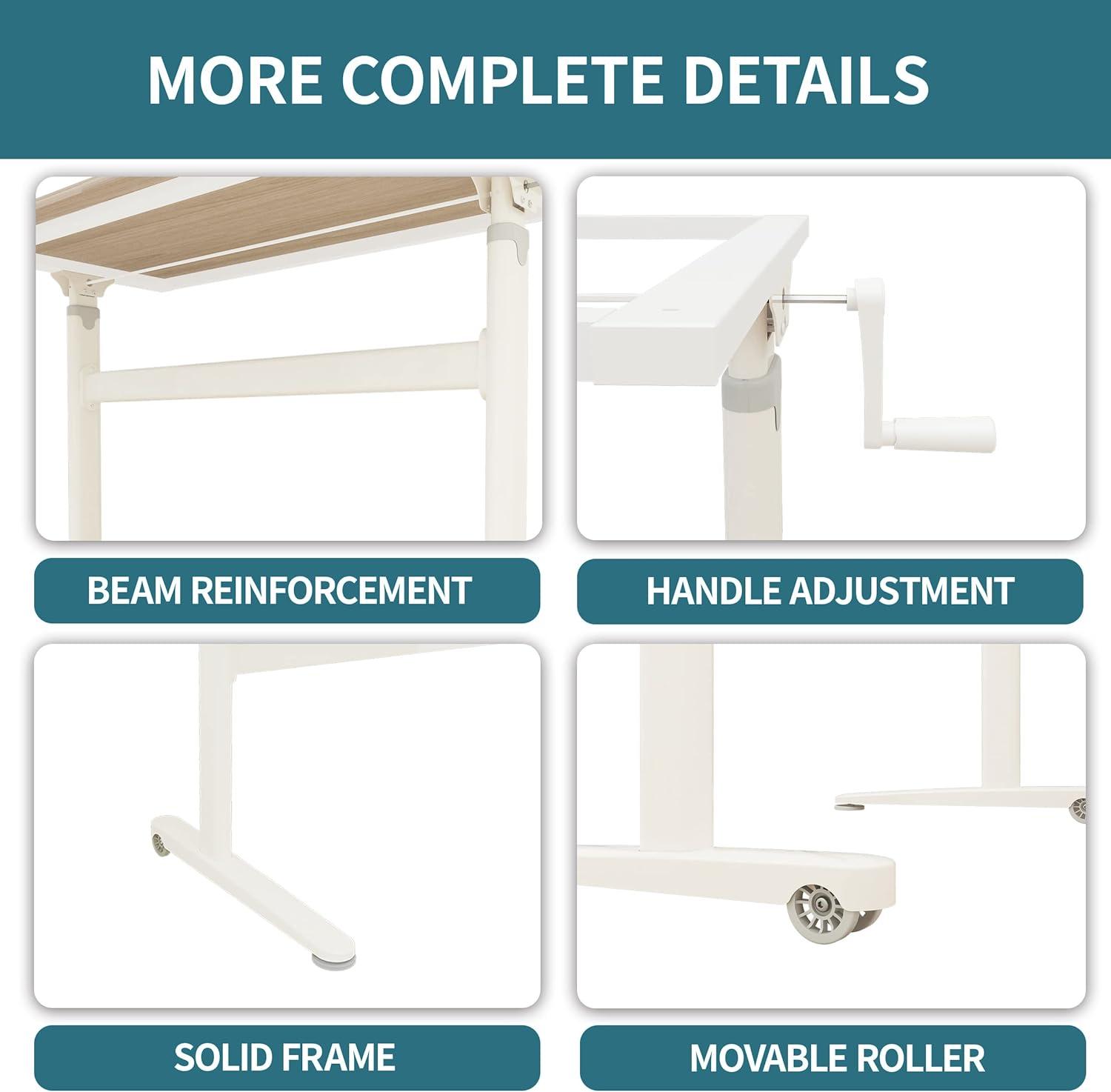 Manual Standing Desk Height Adjustable - Portable Sit to Stand Home Office Desks - Non-Electric Rising Table with Hand Crank and Rolling Wheels - 48 Inch Maple Whole Piece Wood Desktop