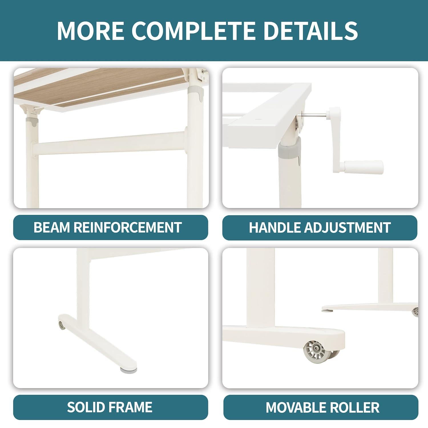 Manual Standing Desk Height Adjustable - Portable Sit to Stand Home Office Desks - Non-Electric Rising Table with Hand Crank and Rolling Wheels - 48 Inch Maple Whole Piece Wood Desktop