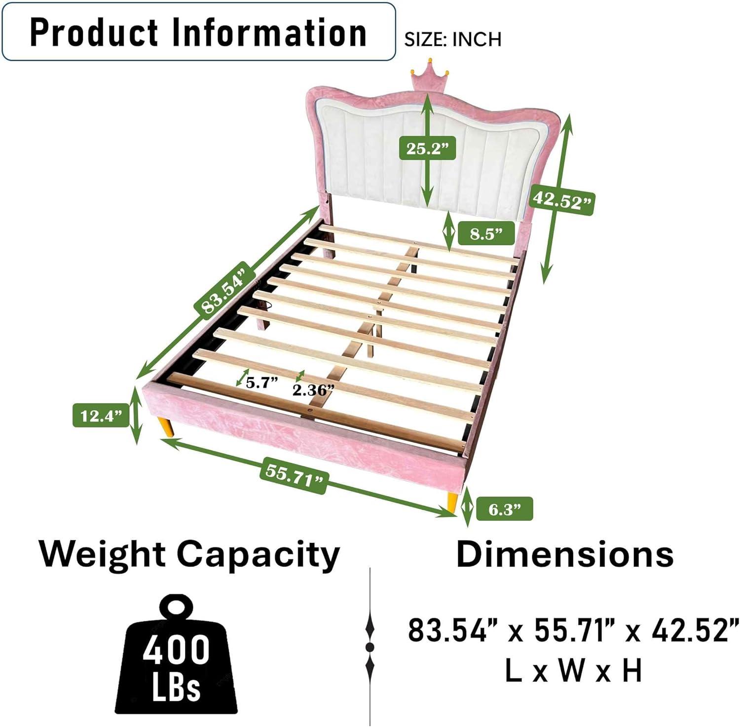 DreamBuck Full Size Upholstered Bed Frame with LED Lights, Upholstered Princess Bed with Crown Headboard and Wooden Slats Support, Modern Platform Bed for Kids, Teens, Girls, No Box Spring Needed