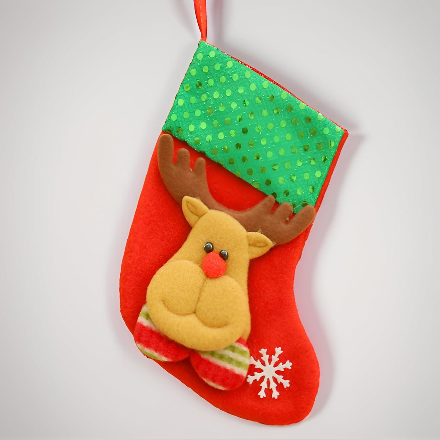 Christmas Stockings (Set of 4) - Includes Snowman, Polar Bear, Santa Claus, and Reindeer, Red & Green, with Snowflake Accents, Soft Cotton Material, Perfect for Any Occasion! Dark Green & Red