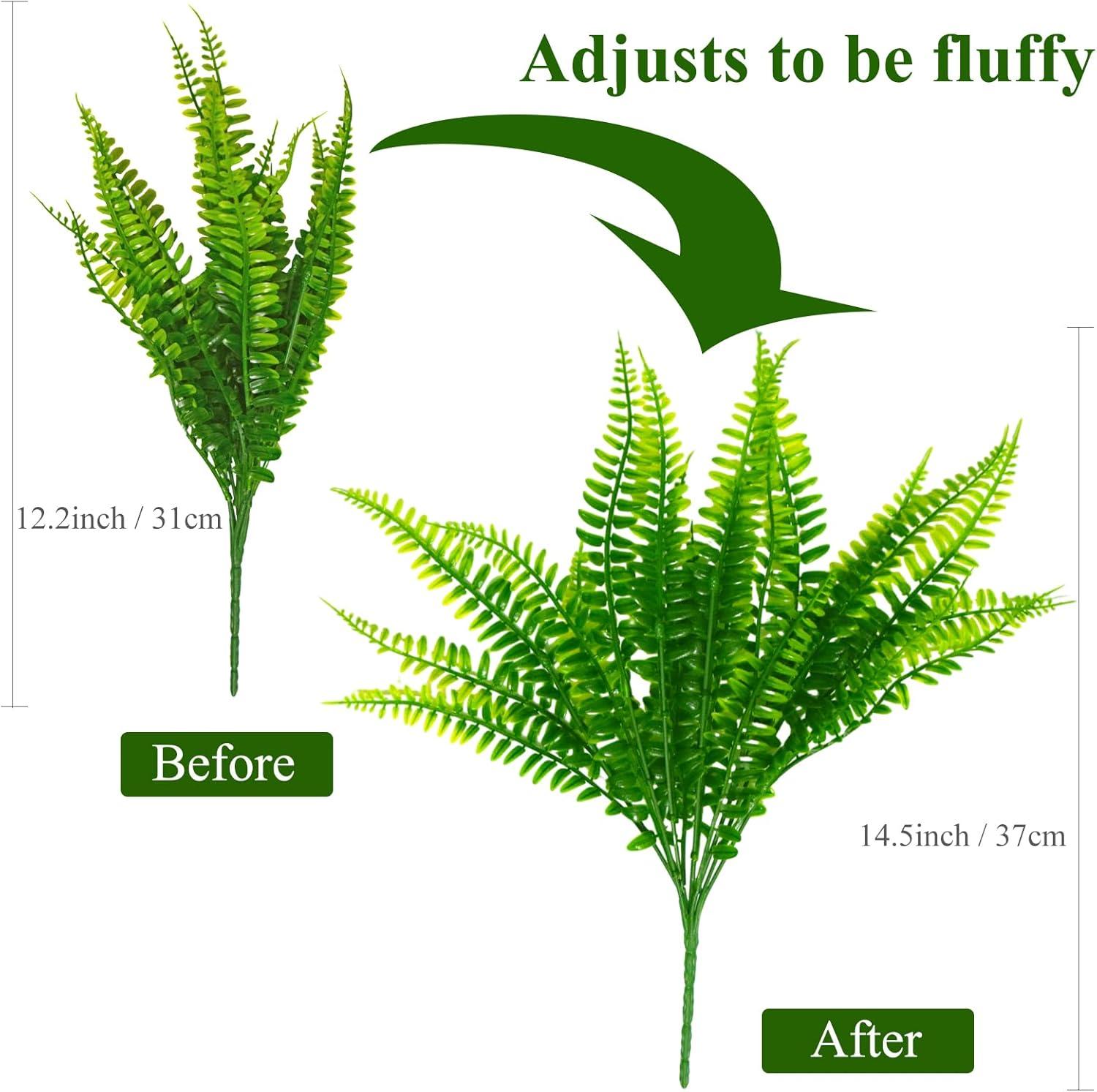 12pcs Artificial Flowers for Outdoor Fake Ferns Artificial Boston Fern Plant Artificial Ferns for Outdoor UV Resistant Plastic Plants (Green)