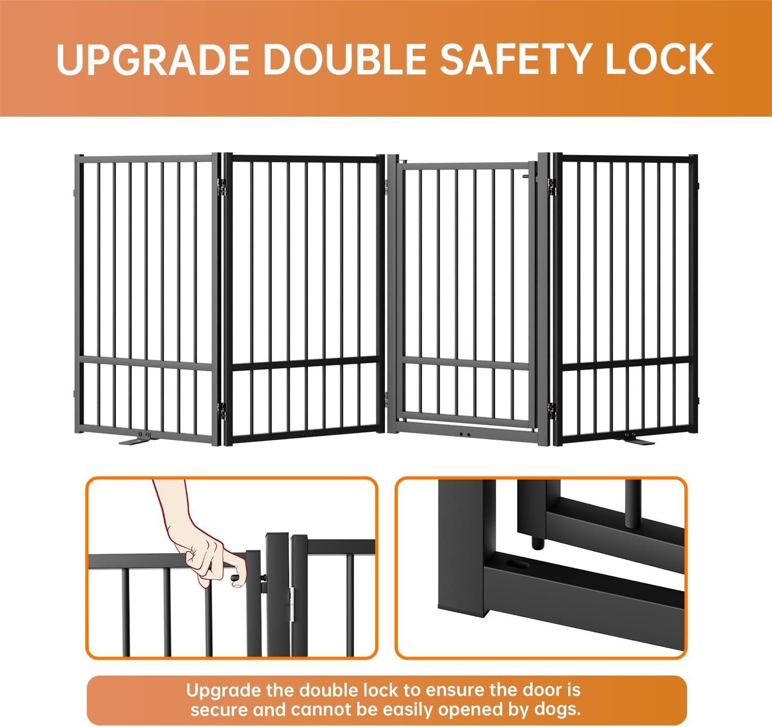 Full Matel Freestanding Dog Gate With Door, 32 Inch Height Foldable Pet Dog Fence Extra Wide Free Standing Small Dog Gates For Doorways,House,Stairs,Porch,Deck,Yard