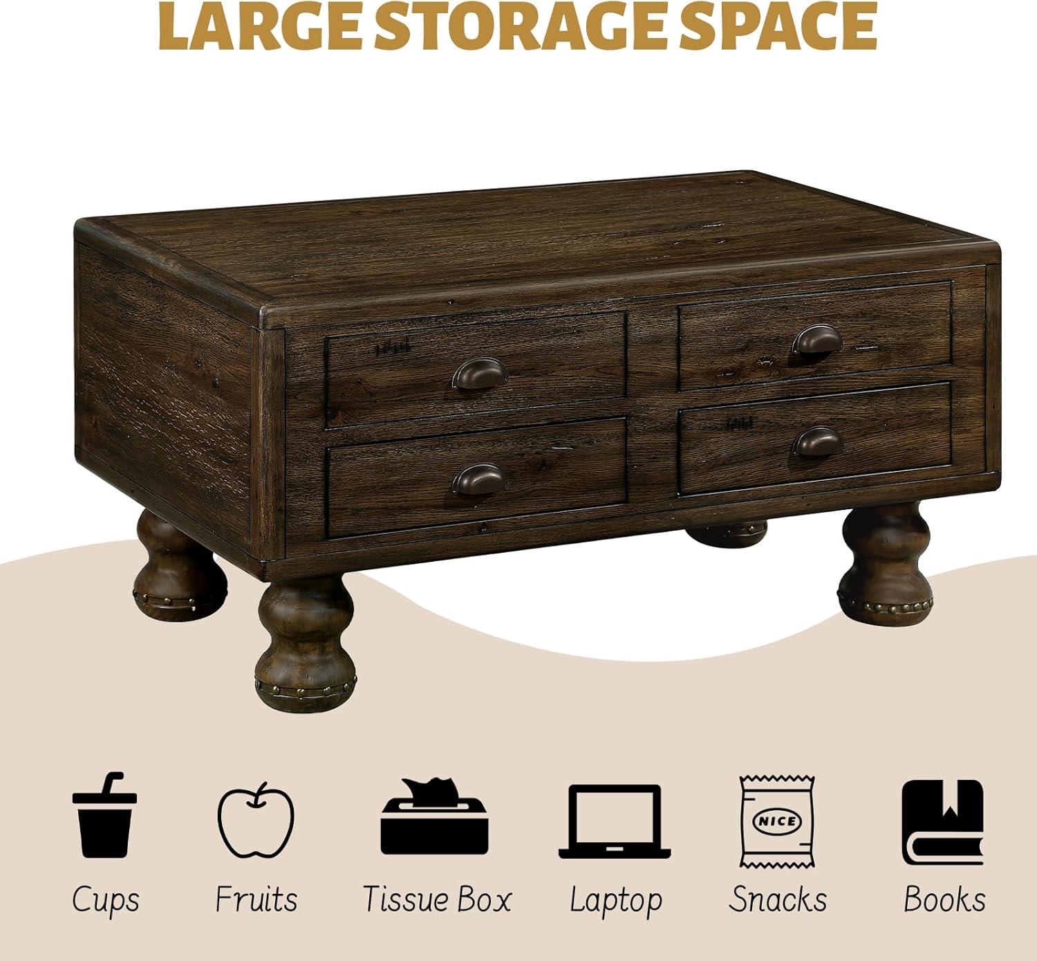 Solid Wood Rectangle Coffee Table For Living Room, 40-Inch Antique Coffee Table With 4 Drawers, Wood Center Table Tea Table With Rivet Decoration Legs.Easy Assembly, Espresso