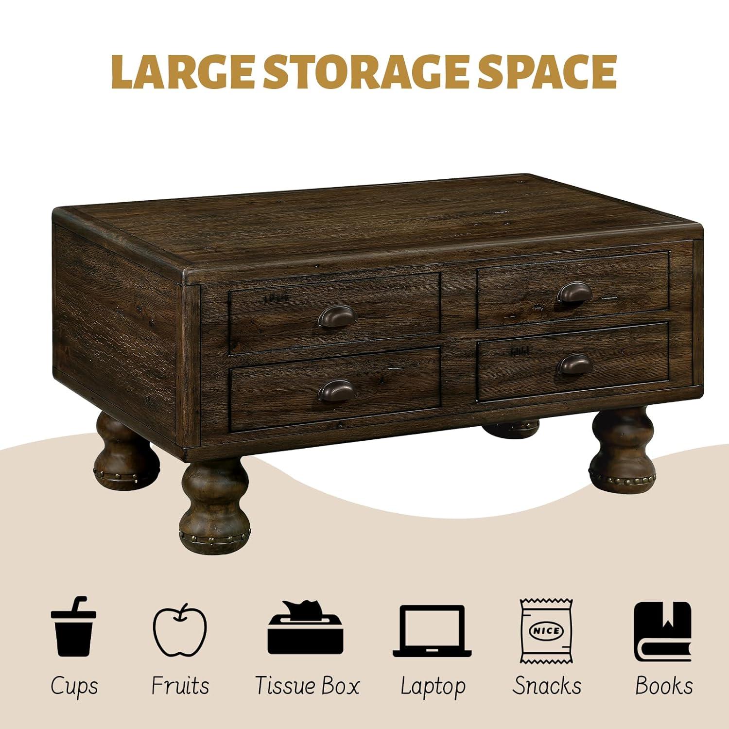 Solid Wood Rectangle Coffee Table For Living Room, 40-Inch Antique Coffee Table With 4 Drawers, Wood Center Table Tea Table With Rivet Decoration Legs.Easy Assembly, Espresso