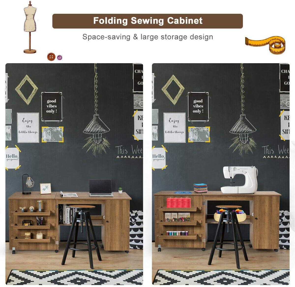 DORTALA Folding Sewing Table, Large Size Craft Cart w/Storage Shelves and Lockable Casters, Rolling Craft Station Sewing Table for Apartment Home, Portable Storage Cabinet for Small Space, Natural
