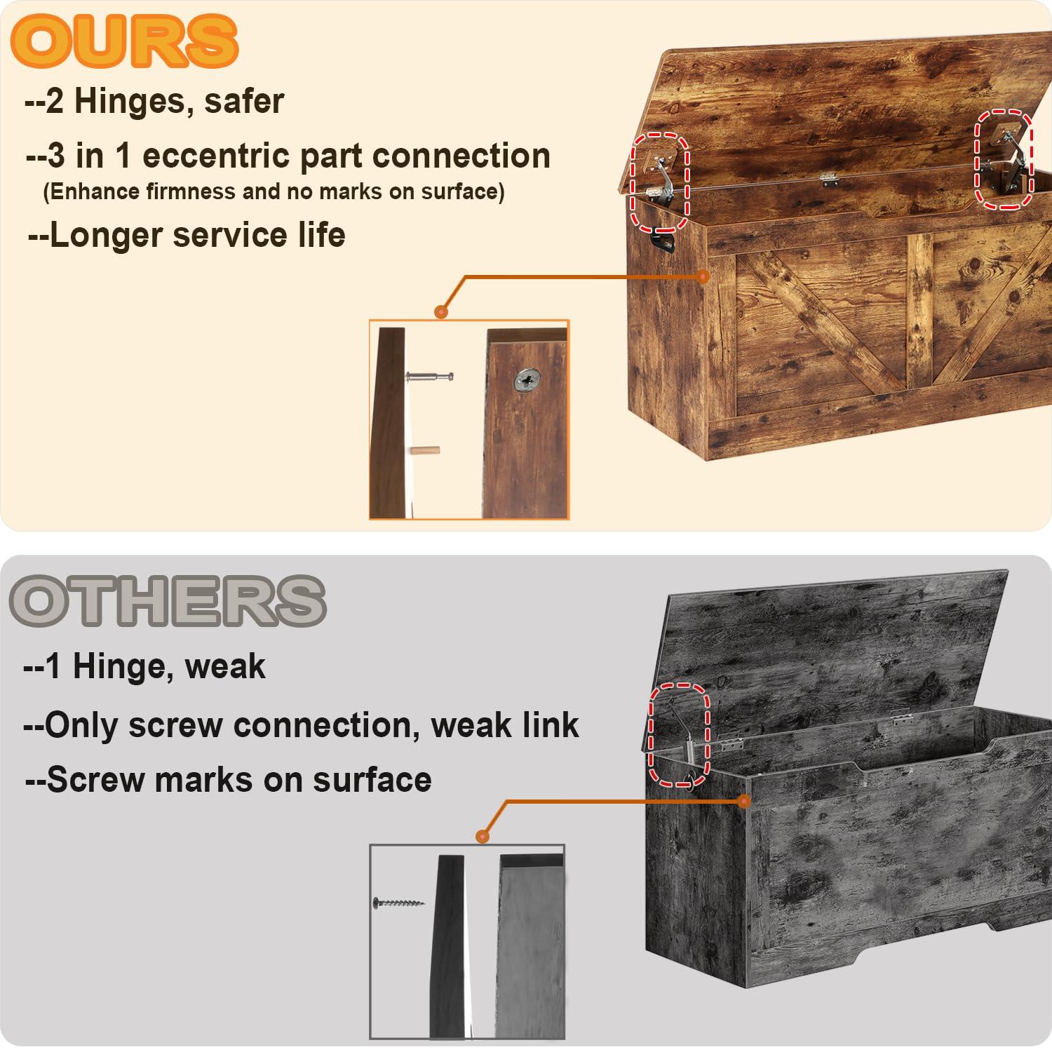 39.4" Storage Chest, Wooden Storage Bench, Large Storage Trunk with 2 Safety Hinges, Entryway Shoes Bench for Living Room, Bedroom, Rustic Brown