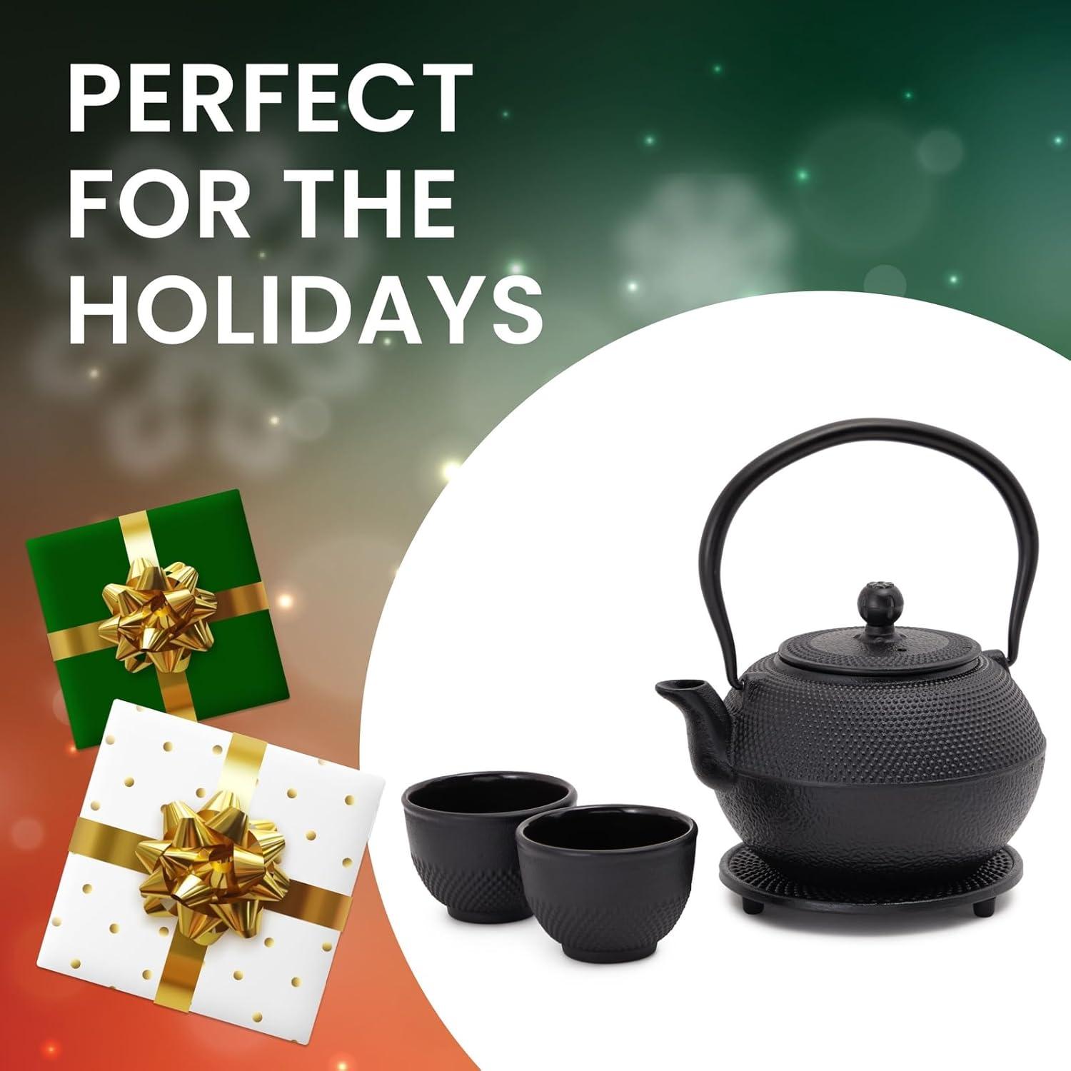 Juvale Black Cast Iron Teapot Tea Kettle Set with 2 Cups, Contemporary Trivet Dutch Hobnail, 1200 mL