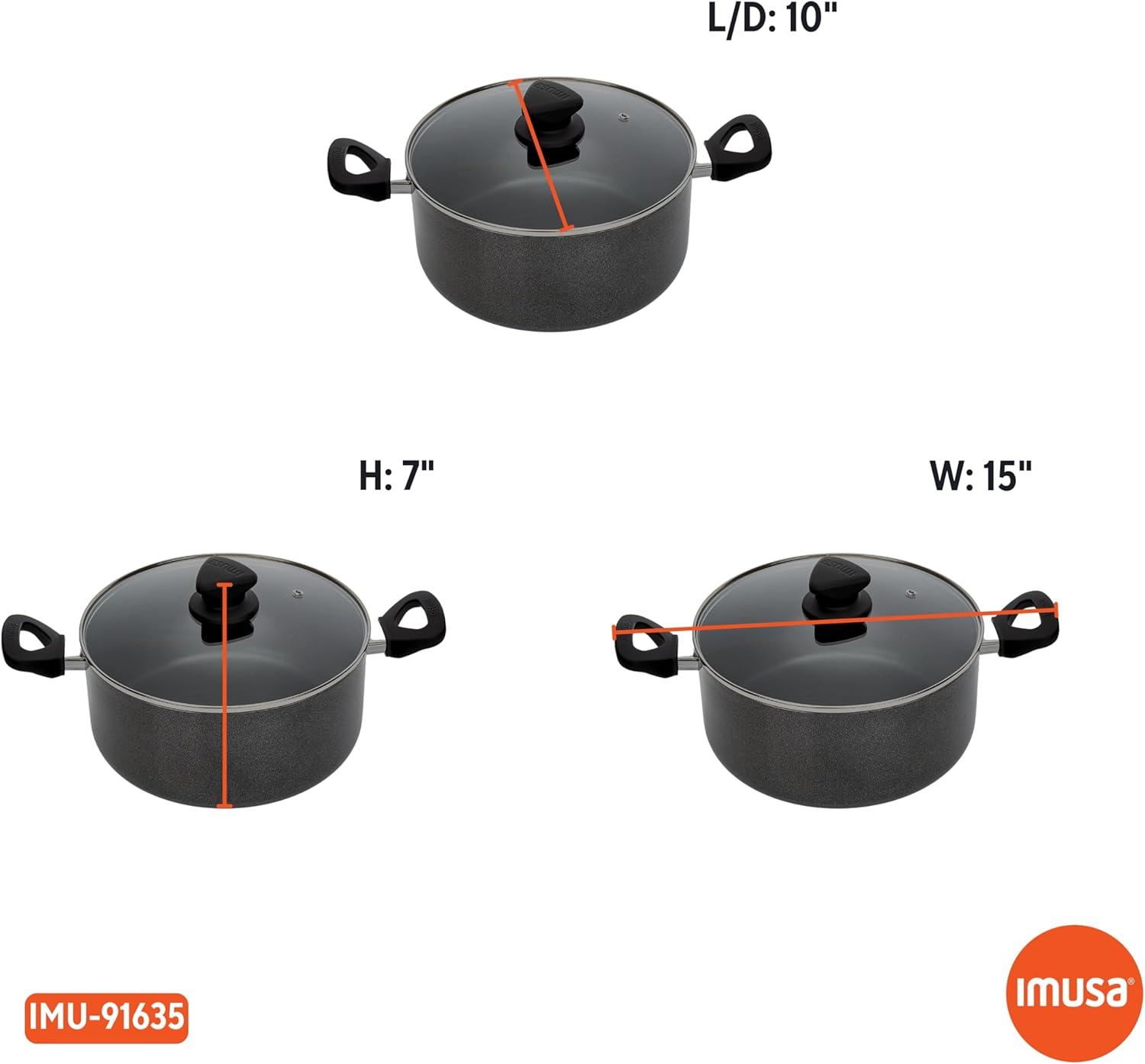 Imusa 4.8 Quart Nonstick Charcoal Exterior Caldero or Dutch Oven with Glass Lid for Cooking or Serving