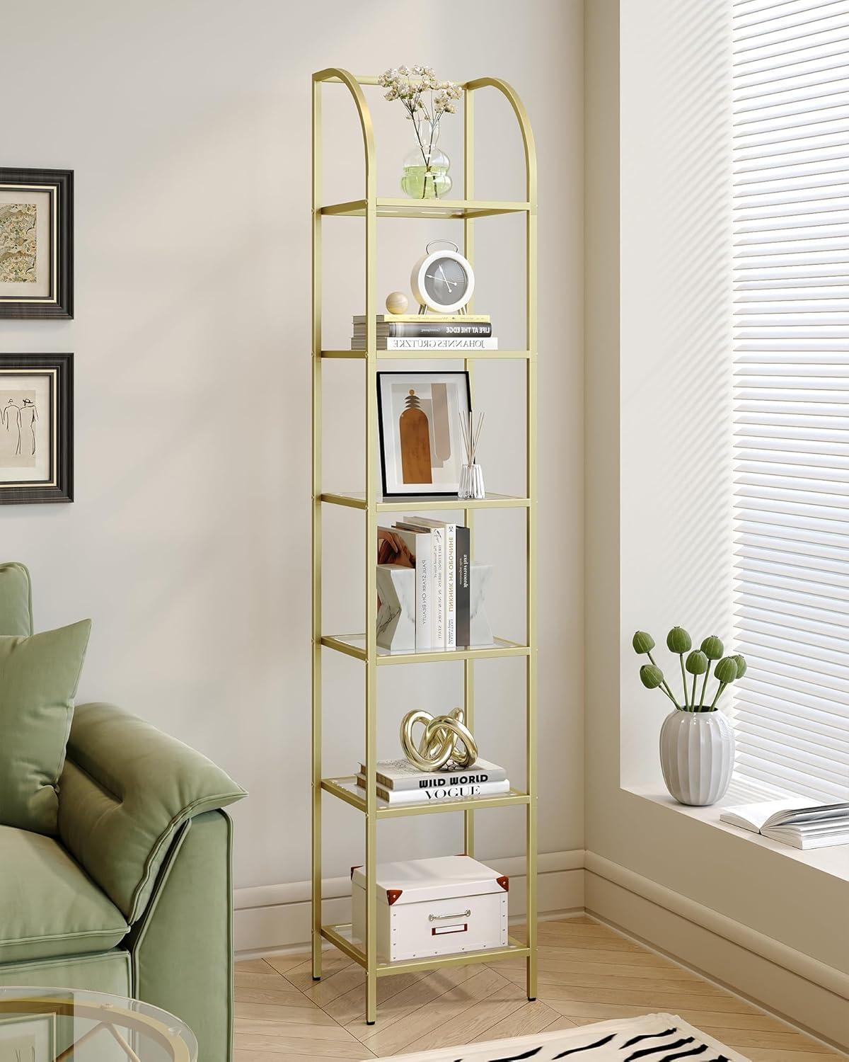 Mercer41 Bookcase Bookshelf, Tempered Glass Arched Bookshelf For More Storage, Slim Shelving Unit For Bedroom, Bathroom, Home Office, Steel Frame, 6 Tier Gold