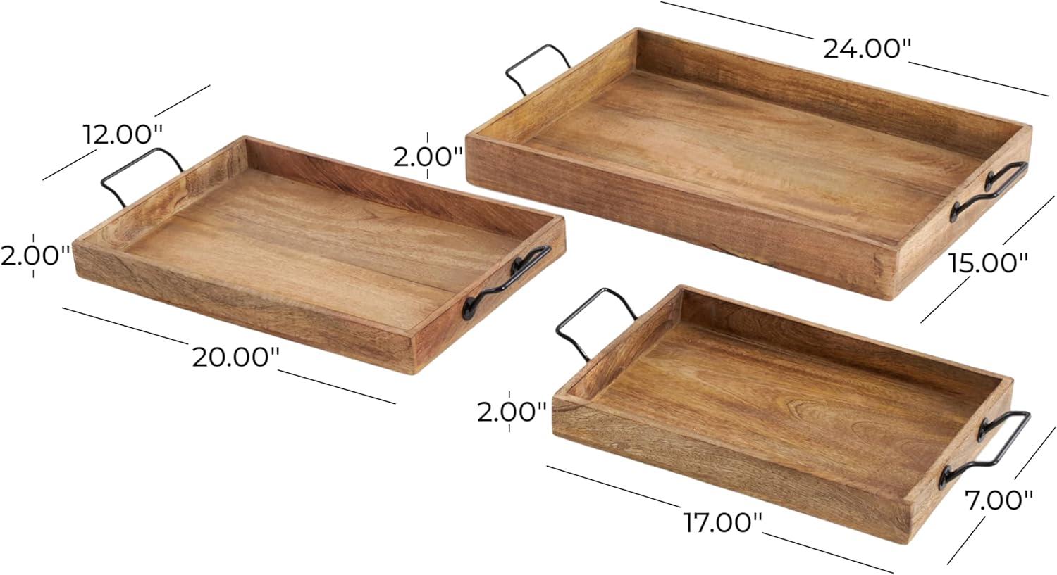 Set of 3 Farmhouse Slat Style Mango Wood and Iron Trays Brown - Olivia & May: Ottoman, Basket Design, 24-Inch