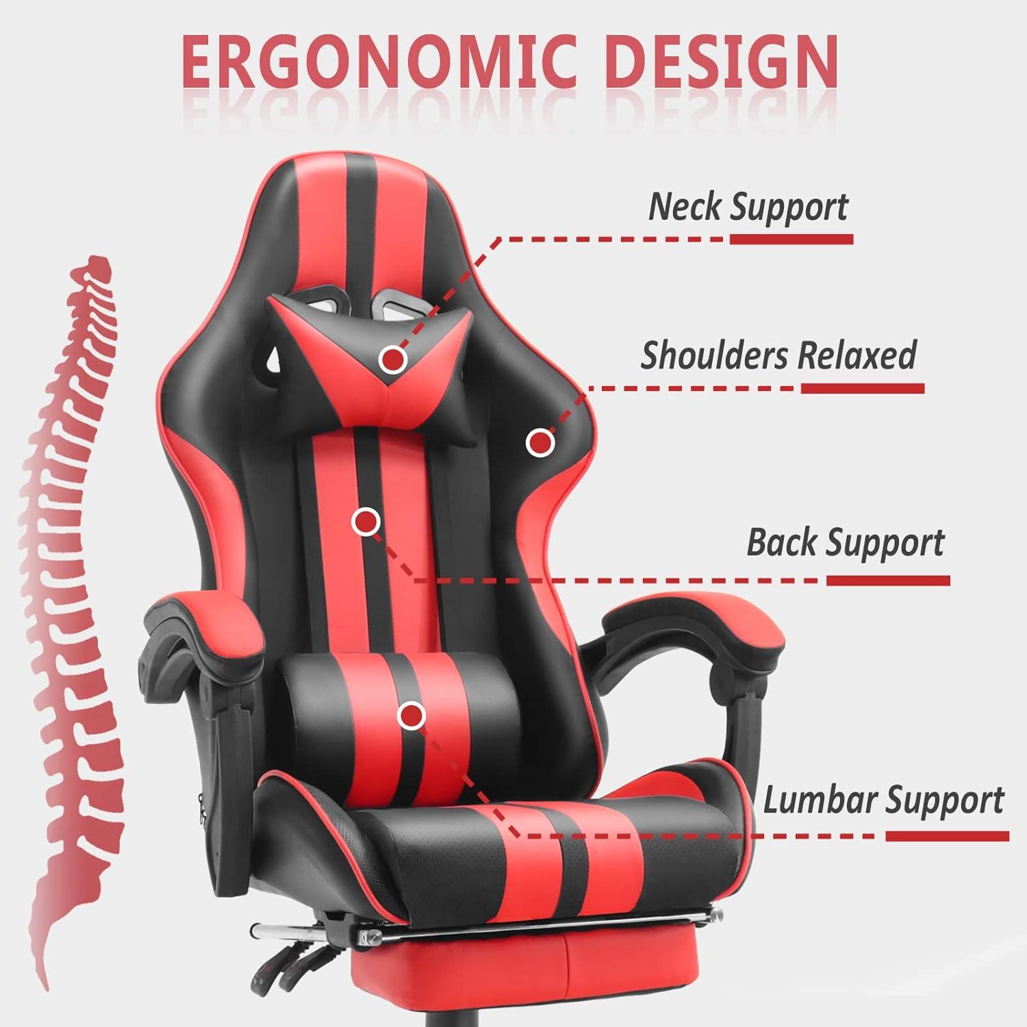 Ferghana Gaming Chair Massage Office Chair with Footrest, Ergonomic Swivel Gamer Chair with Lumbar Pillow & Headrest, Red