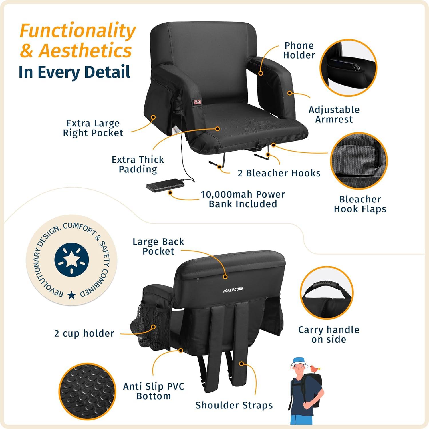 Black Heated Massage Reclining Stadium Seat with Armrests and Pockets