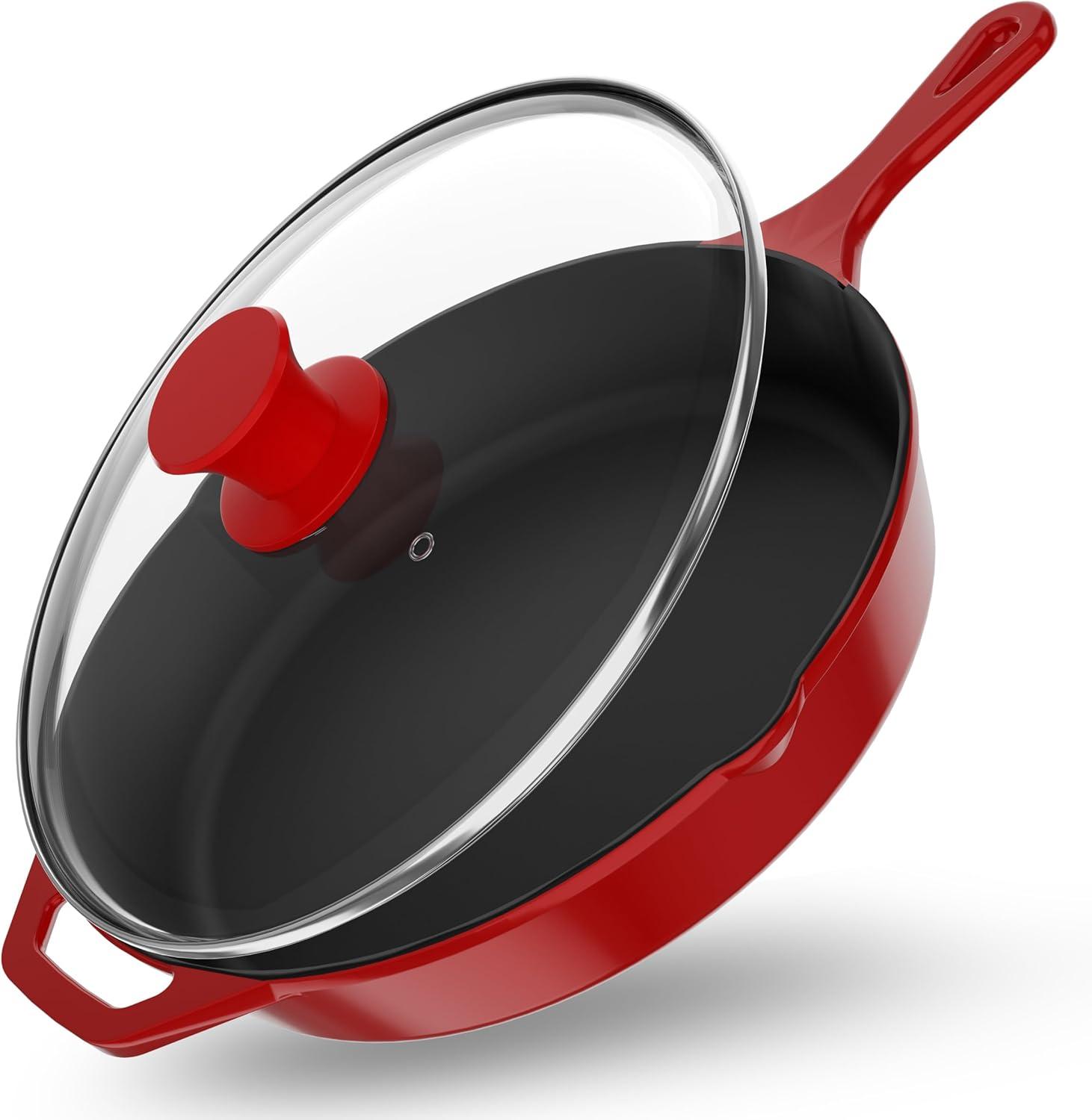 doitbest Pre-Seasoned Cast Iron Skillet with Lid, Grill-Safe Cookware, Red
