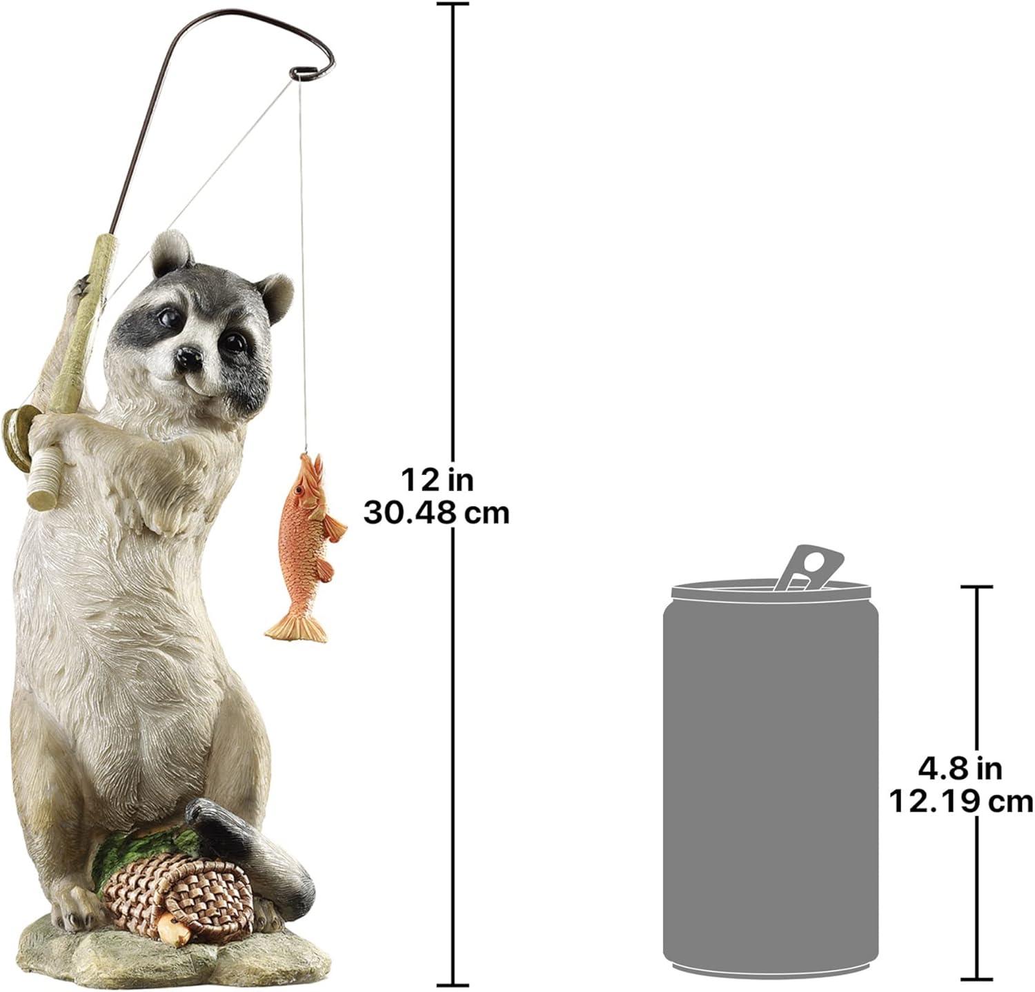 Hand-Painted Resin Raccoon Fisherman Statue with Wicker Basket