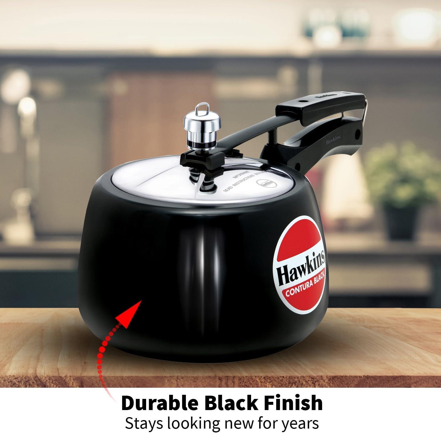 Hawkins 3L Hard Anodized Pressure Cooker: Aluminum, Locking Lid, Cool Touch Handle, Hand Wash, Black