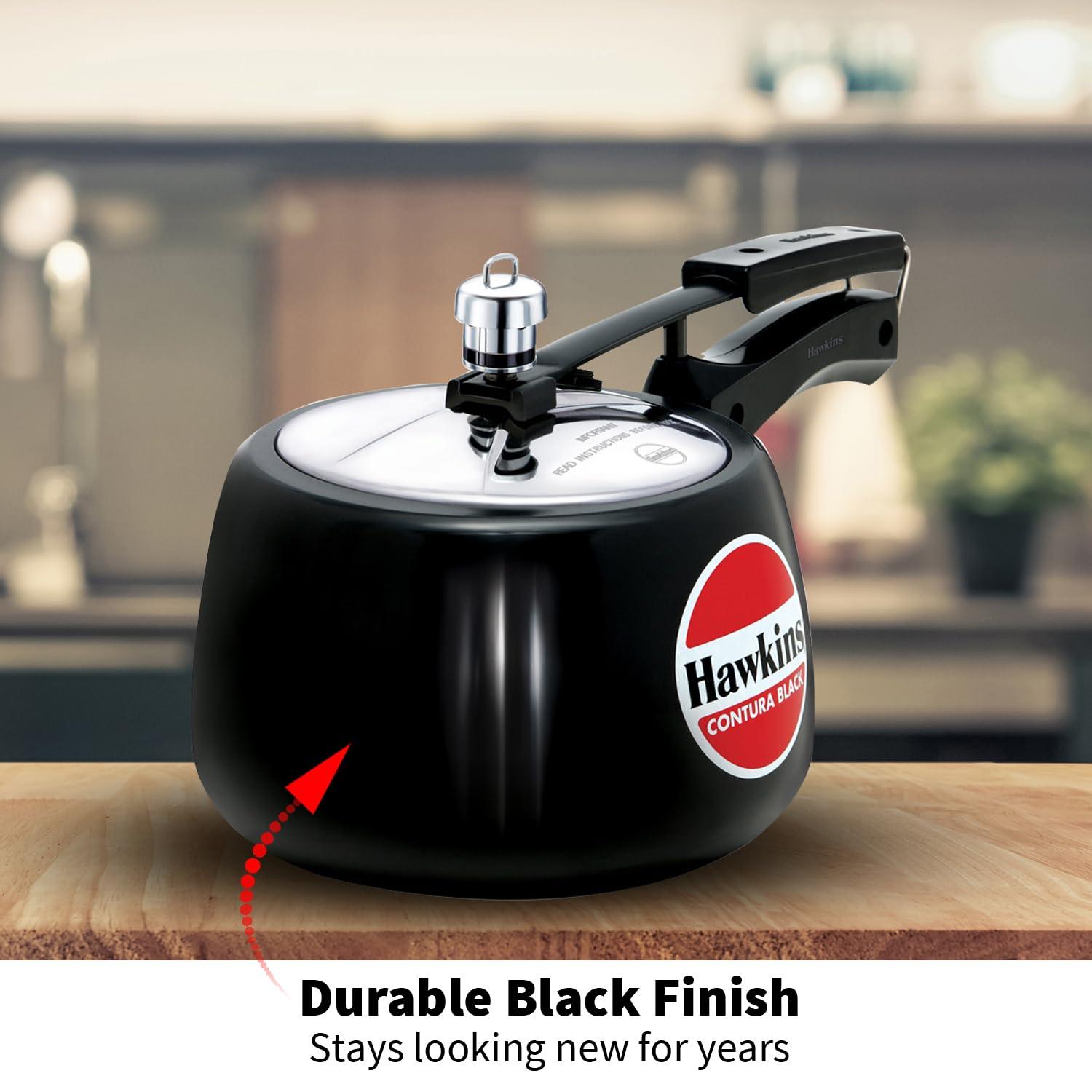 Hawkins 3L Hard Anodized Pressure Cooker: Aluminum, Locking Lid, Cool Touch Handle, Hand Wash, Black