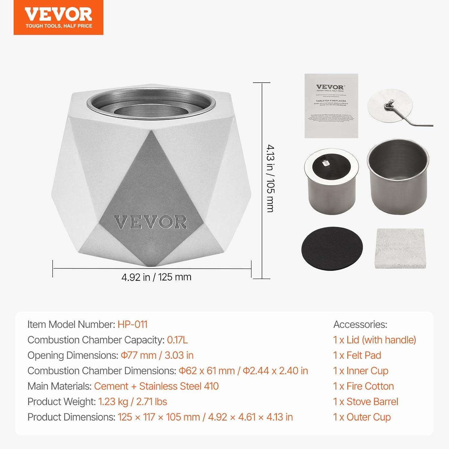 VEVOR Tabletop Fire Pit Bowl, Concrete Tabletop Fireplace Indoor Outdoor Decor, Portable Rubbing Alcohol Burner Smores Maker, Mini Fire Pit for Patio Balcony with Extinguisher Light Gray