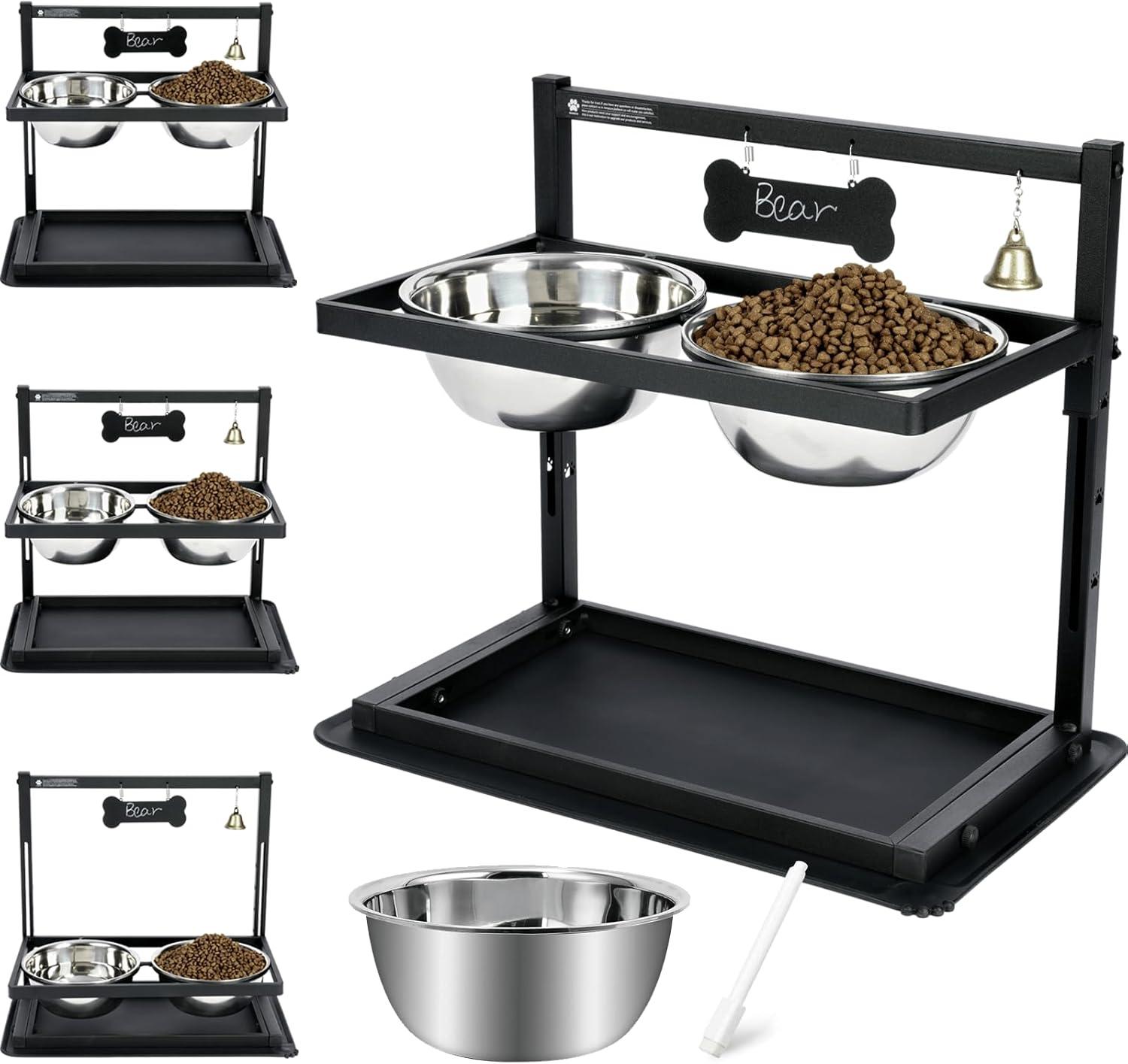 Adjustable Height Black Metal Elevated Dog Bowl Stand with Stainless Steel Bowls